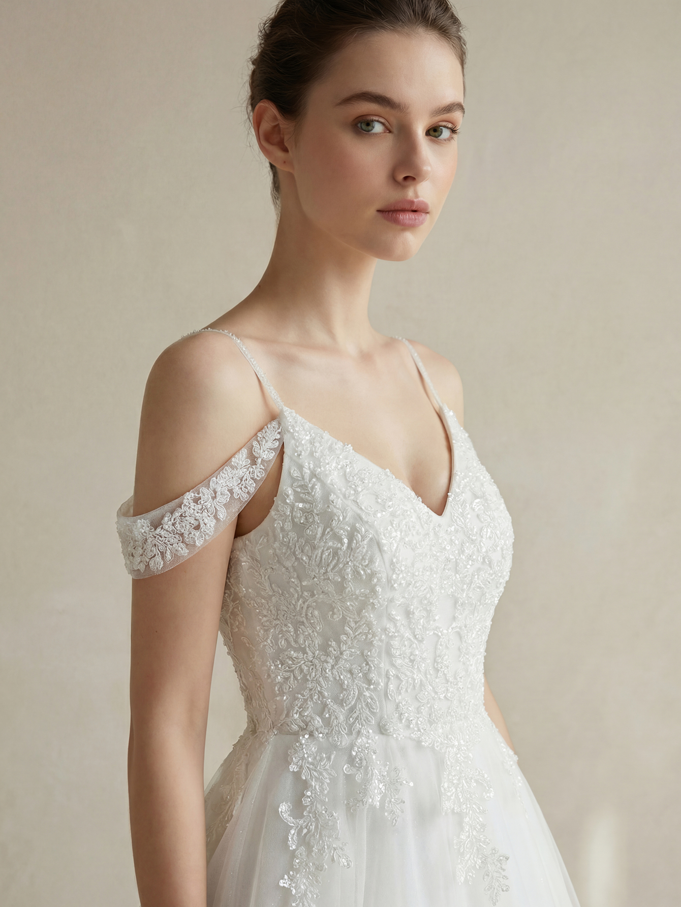 Off the Shoulder Tulle Wedding Dress with Appliqued Beading
