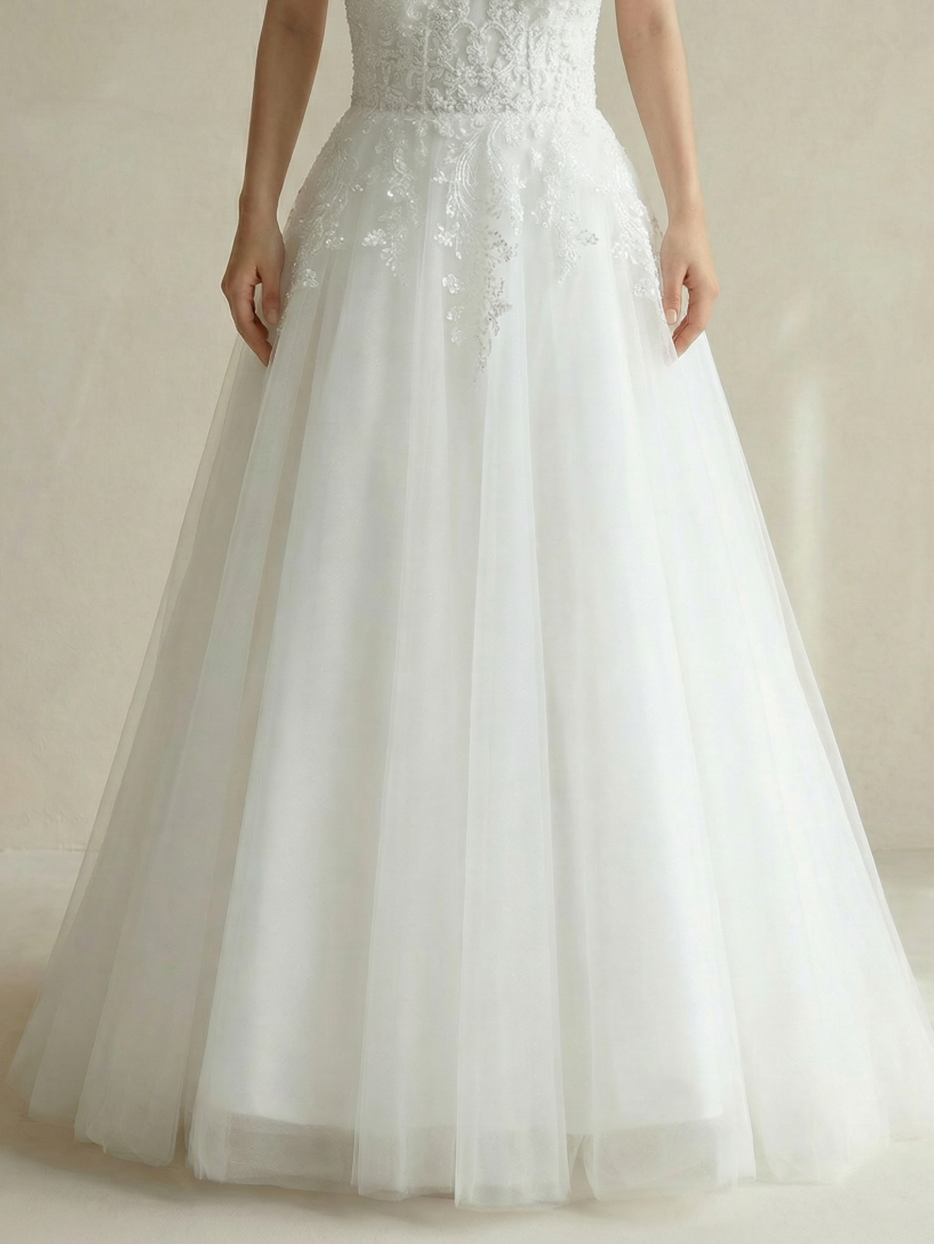 Off the Shoulder Tulle Wedding Dress with Appliqued Beading