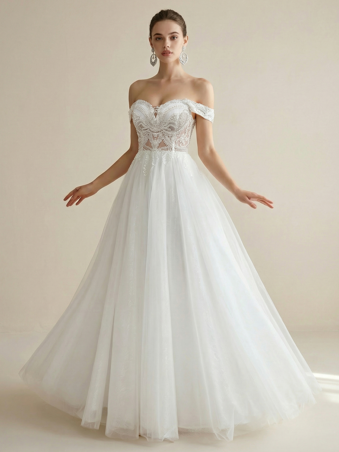 Off the Shoulder Tulle Wedding Dress with Beading