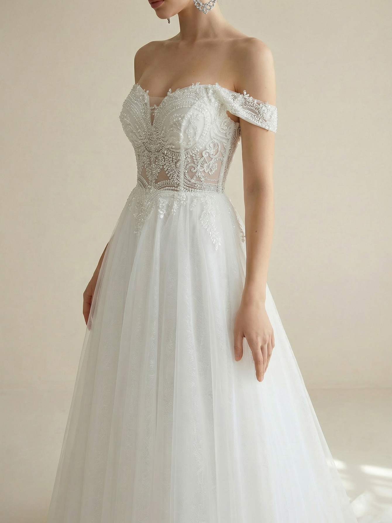 Off the Shoulder Tulle Wedding Dress with Beading