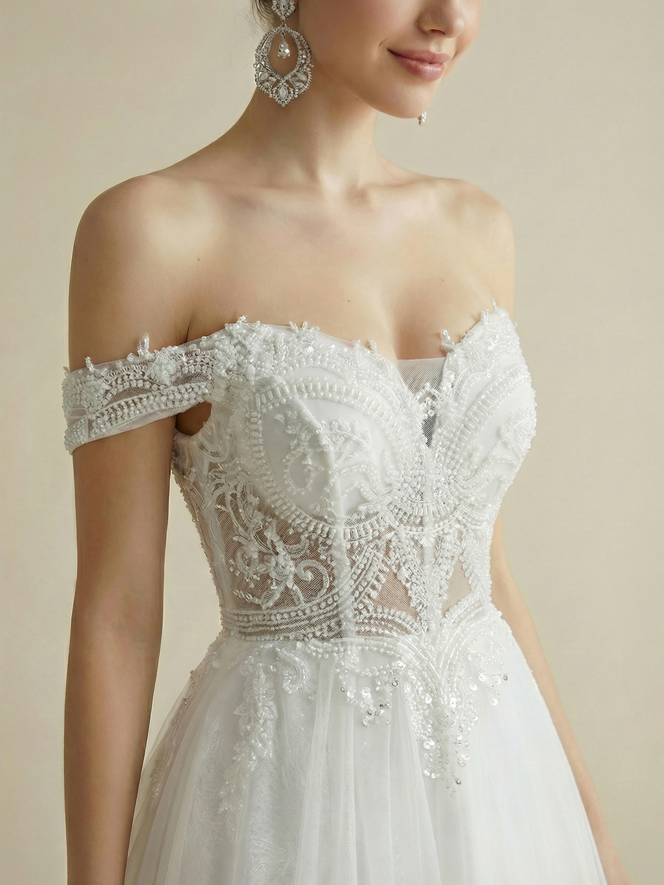 Off the Shoulder Tulle Wedding Dress with Beading