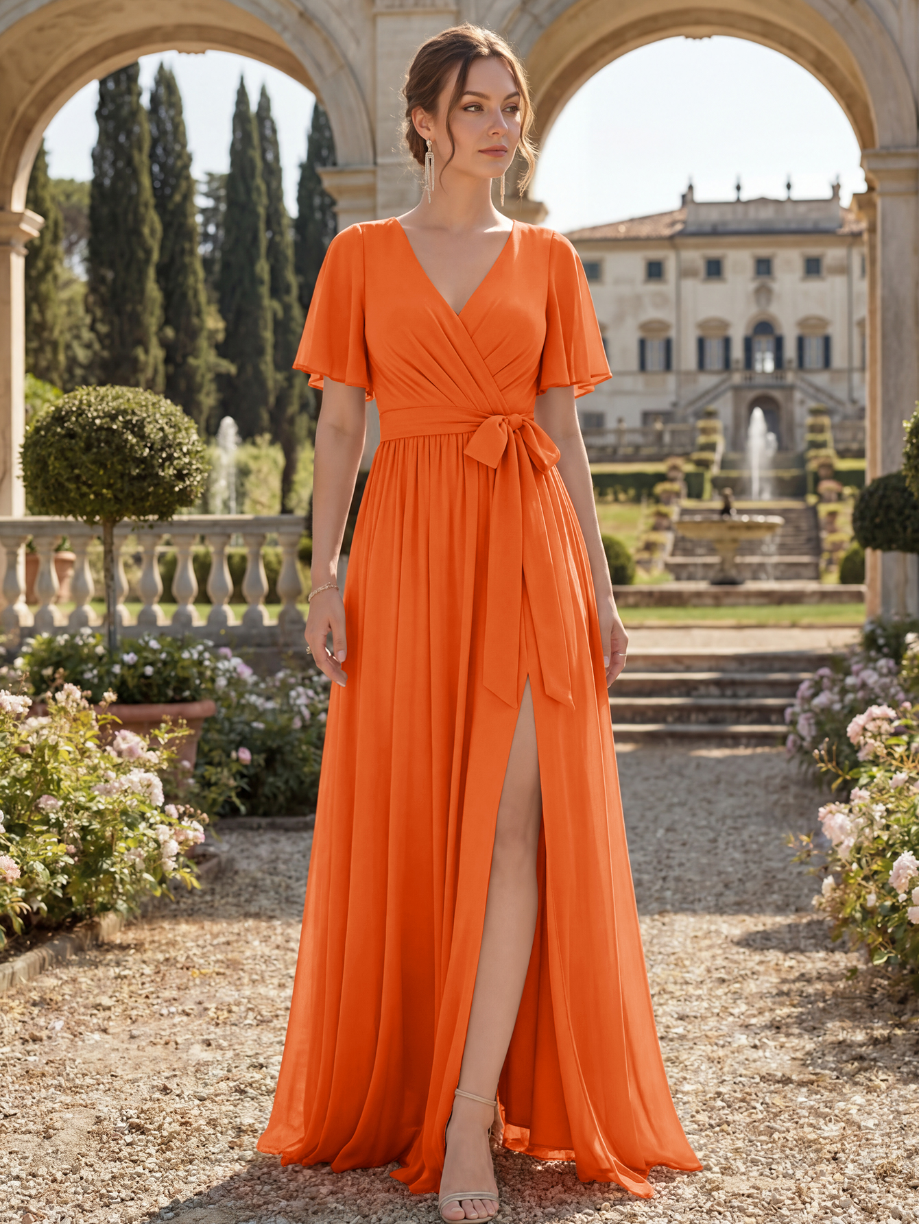 Chiffon Bridesmaid Dress V Neck Flutter Sleeve High Slit A-Line Gown