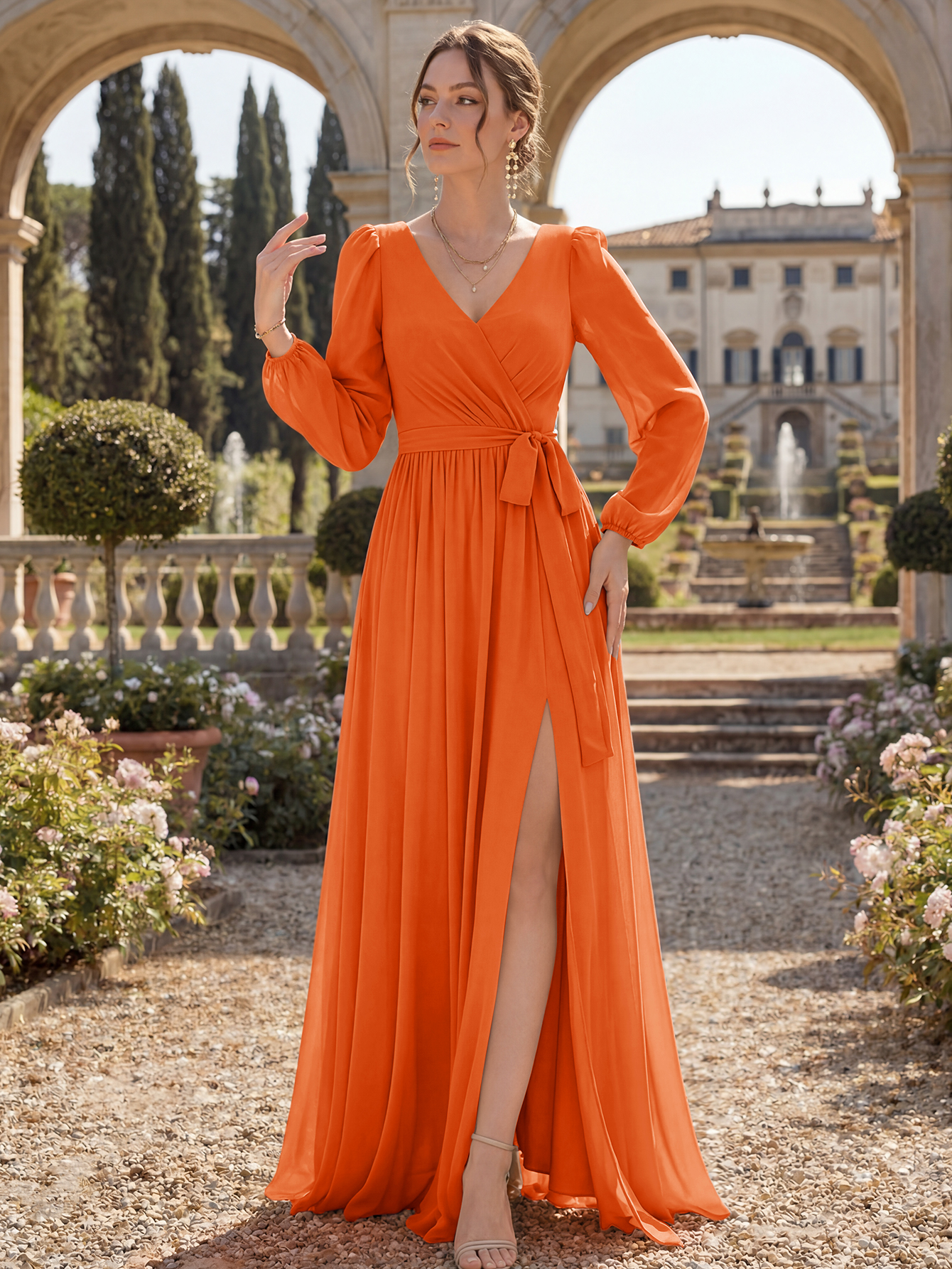 V-Neck Chiffon Bridesmaid Dress with Long Sleeves, Sash & High Slit
