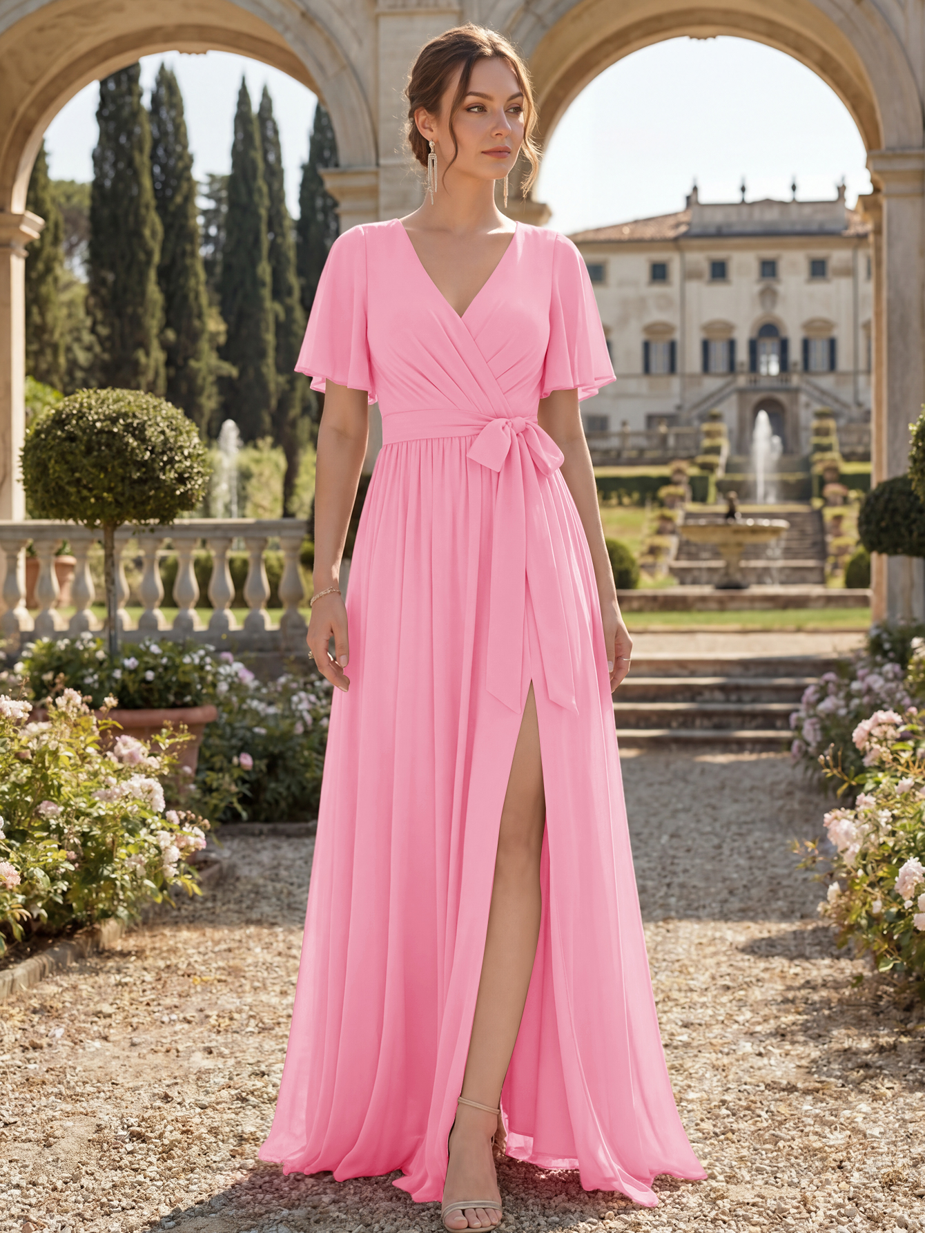 Chiffon Bridesmaid Dress V Neck Flutter Sleeve High Slit A-Line Gown