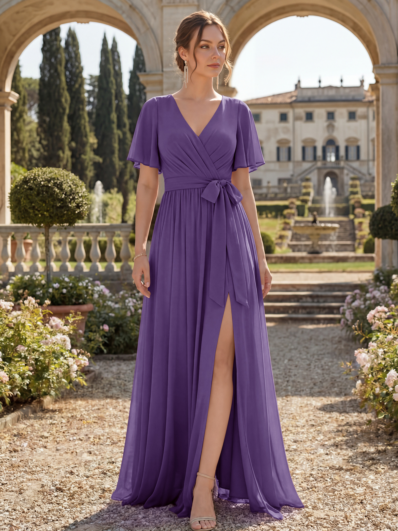 Chiffon Bridesmaid Dress V Neck Flutter Sleeve High Slit A-Line Gown