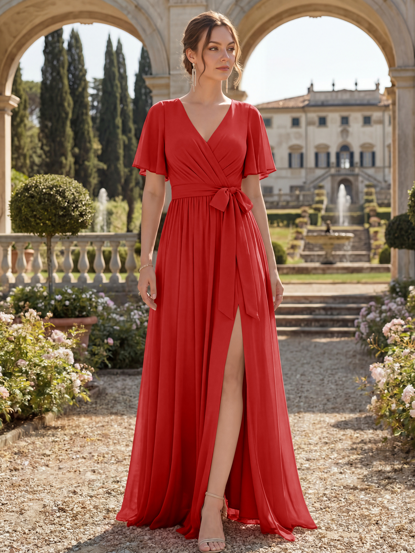 Chiffon Bridesmaid Dress V Neck Flutter Sleeve High Slit A-Line Gown