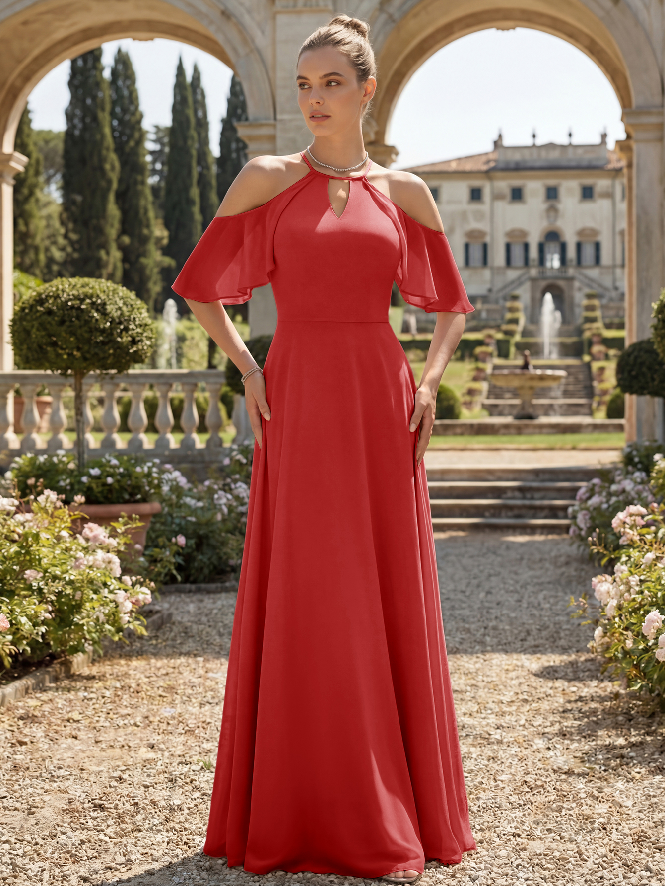 Cold-Shoulder Chiffon Bridesmaid Dress with Keyhole Neckline