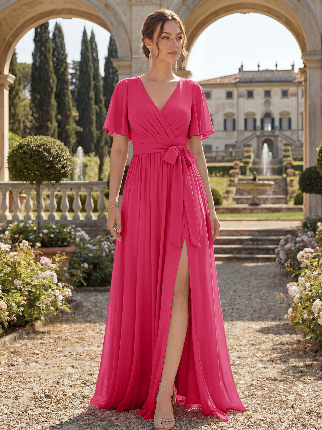 Chiffon Bridesmaid Dress V Neck Flutter Sleeve High Slit A-Line Gown