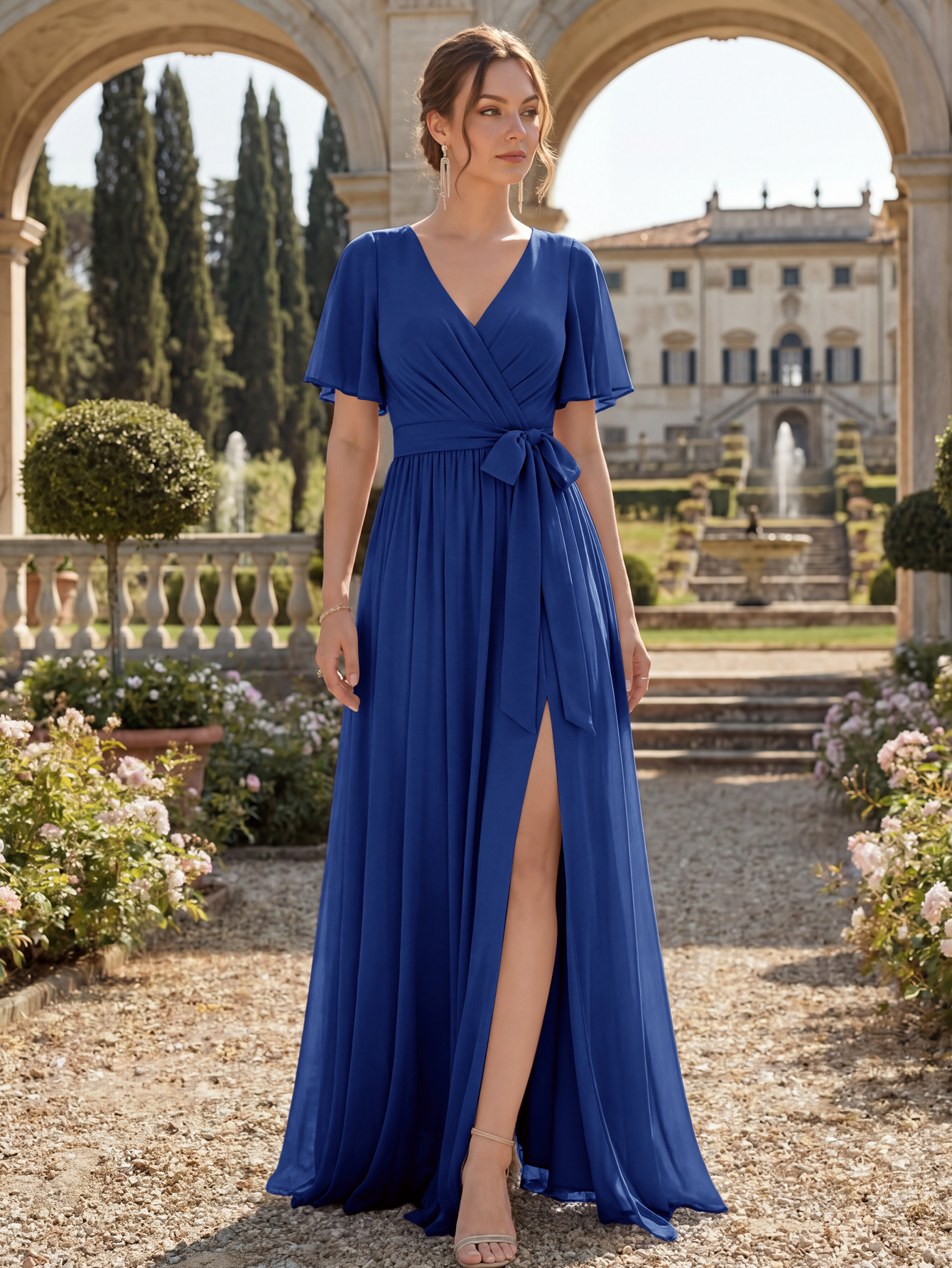 Chiffon Bridesmaid Dress V Neck Flutter Sleeve High Slit A-Line Gown