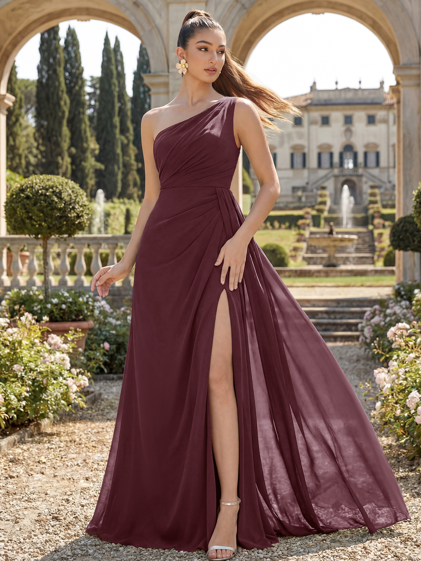 Ruched One Shoulder Chiffon Bridesmaid Dress with Slit