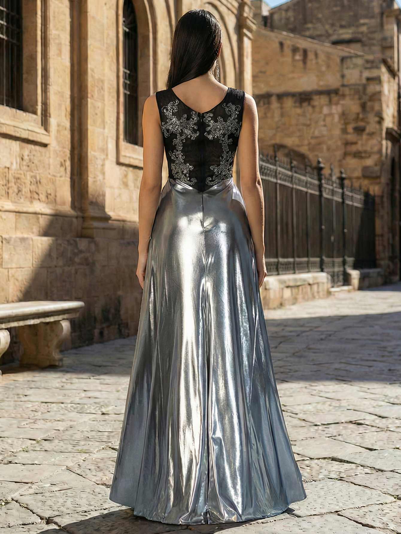 Sheath Round Neck Sleeveless Long Prom Dress with Appliqued Beading