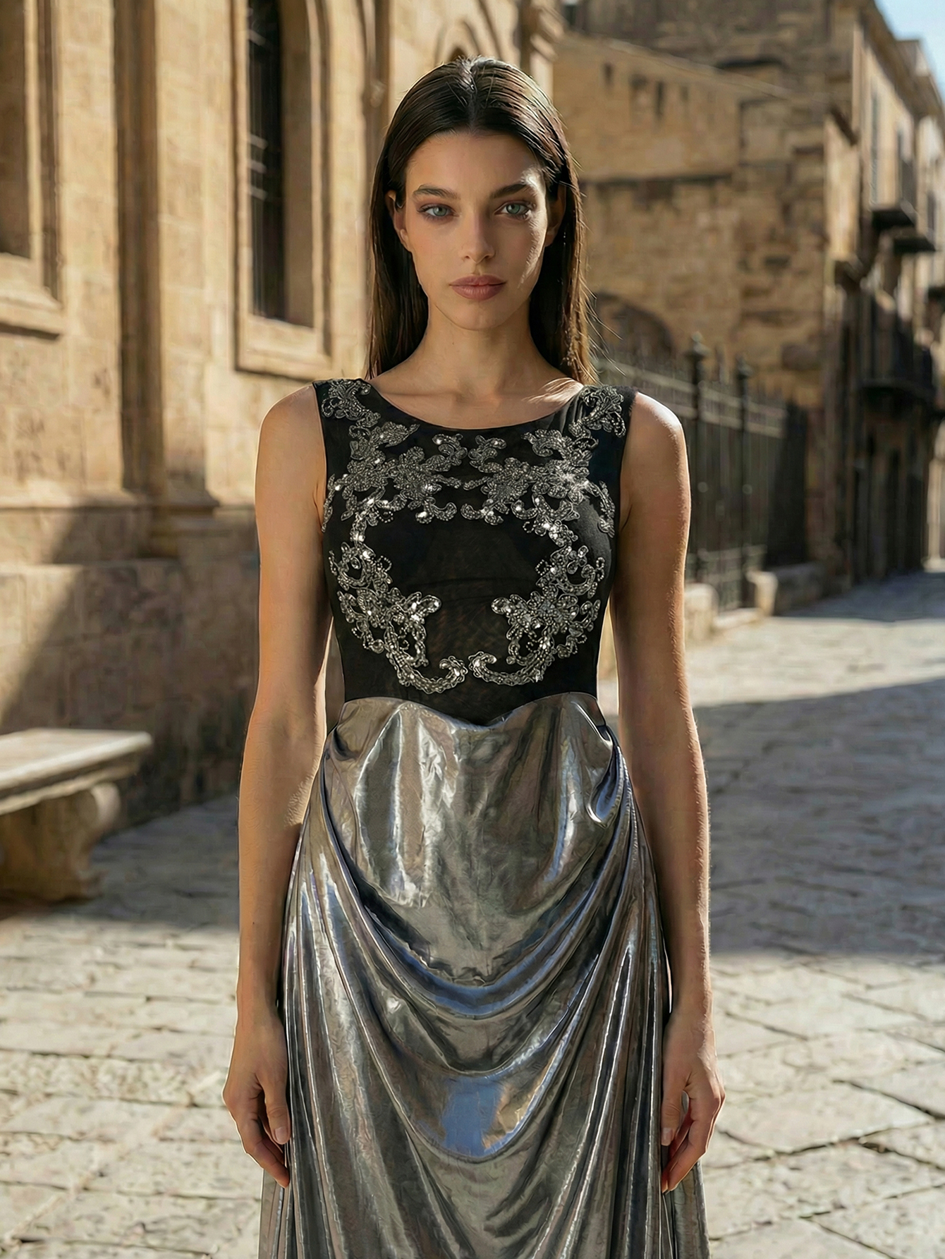 Sheath Round Neck Sleeveless Long Prom Dress with Appliqued Beading