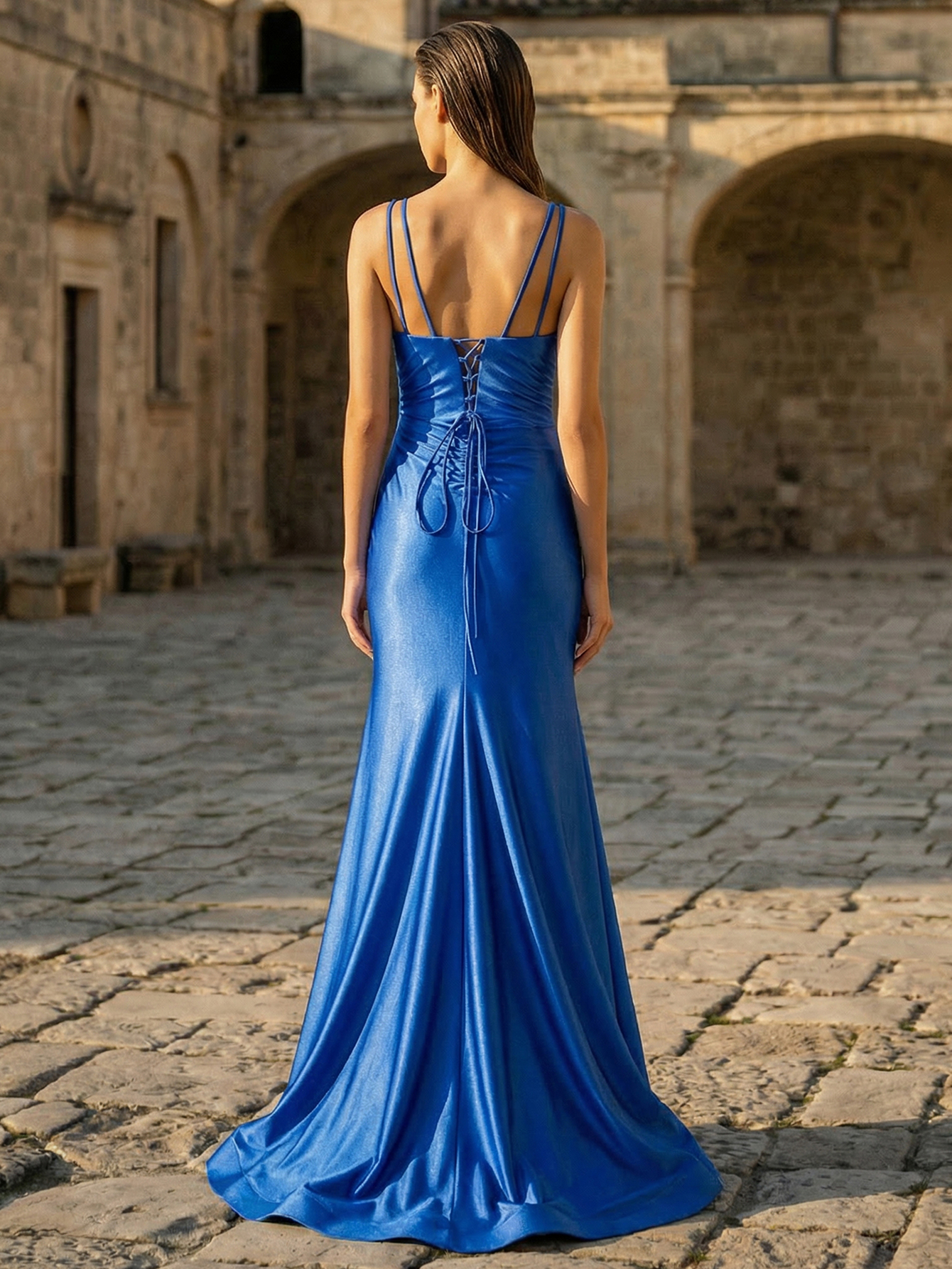 Sheath V Neckline Sleeveless Satin Prom Dress With Appliqued