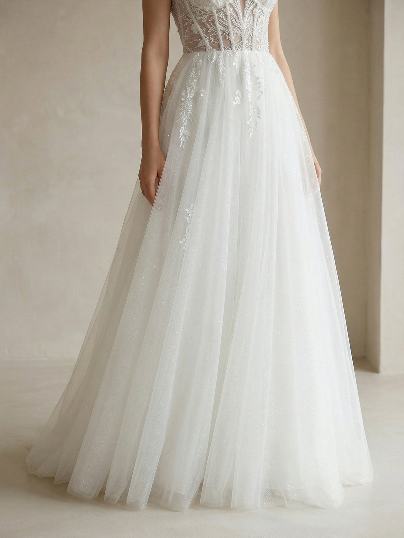 Spaghetti Straps Tulle Wedding Dress with Beading