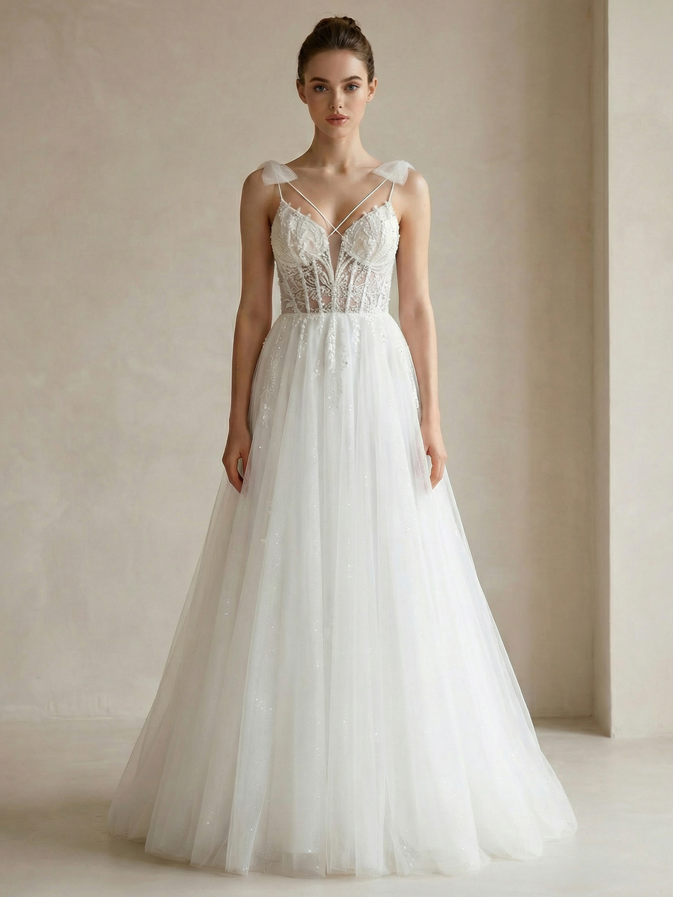 Spaghetti Straps Tulle Wedding Dress with Beading