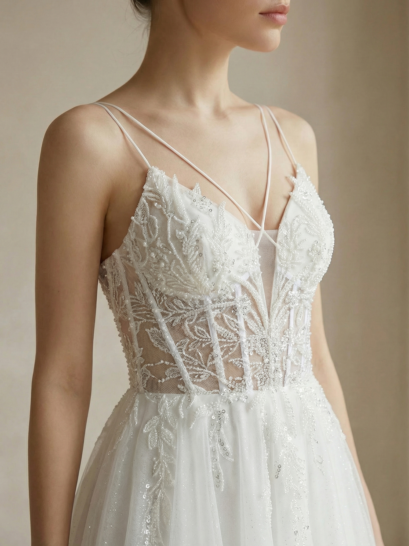Spaghetti Straps Tulle Wedding Dress with Beading