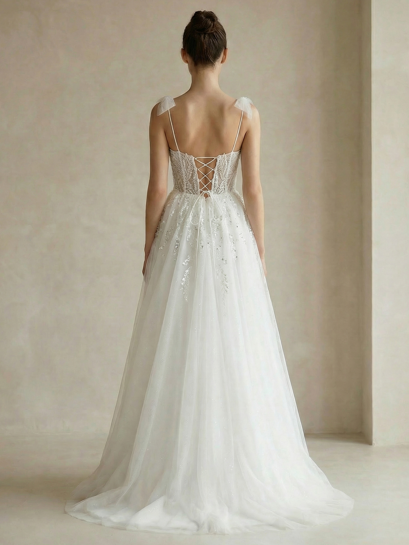 Spaghetti Straps Tulle Wedding Dress with Beading