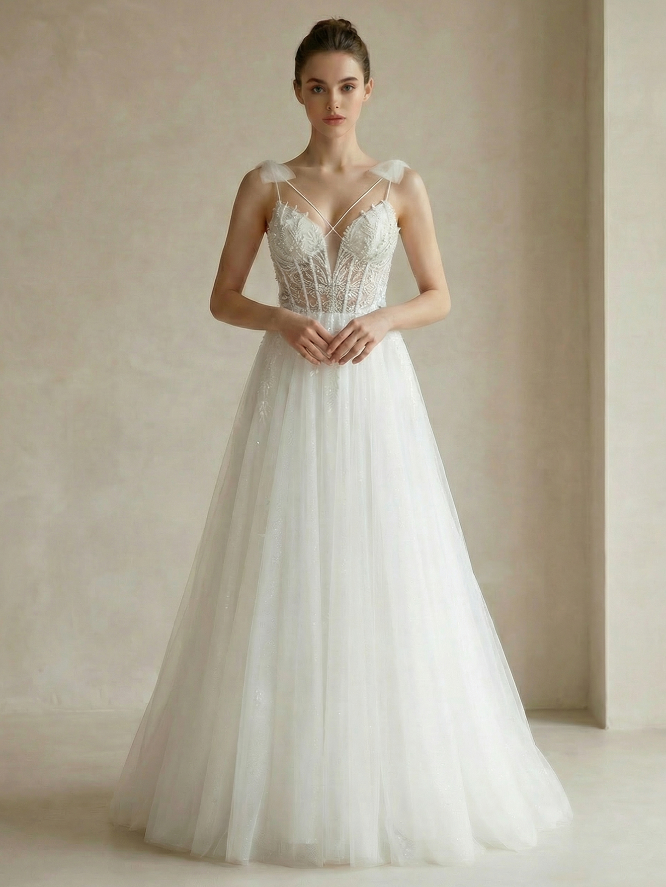 Spaghetti Straps Tulle Wedding Dress with Beading
