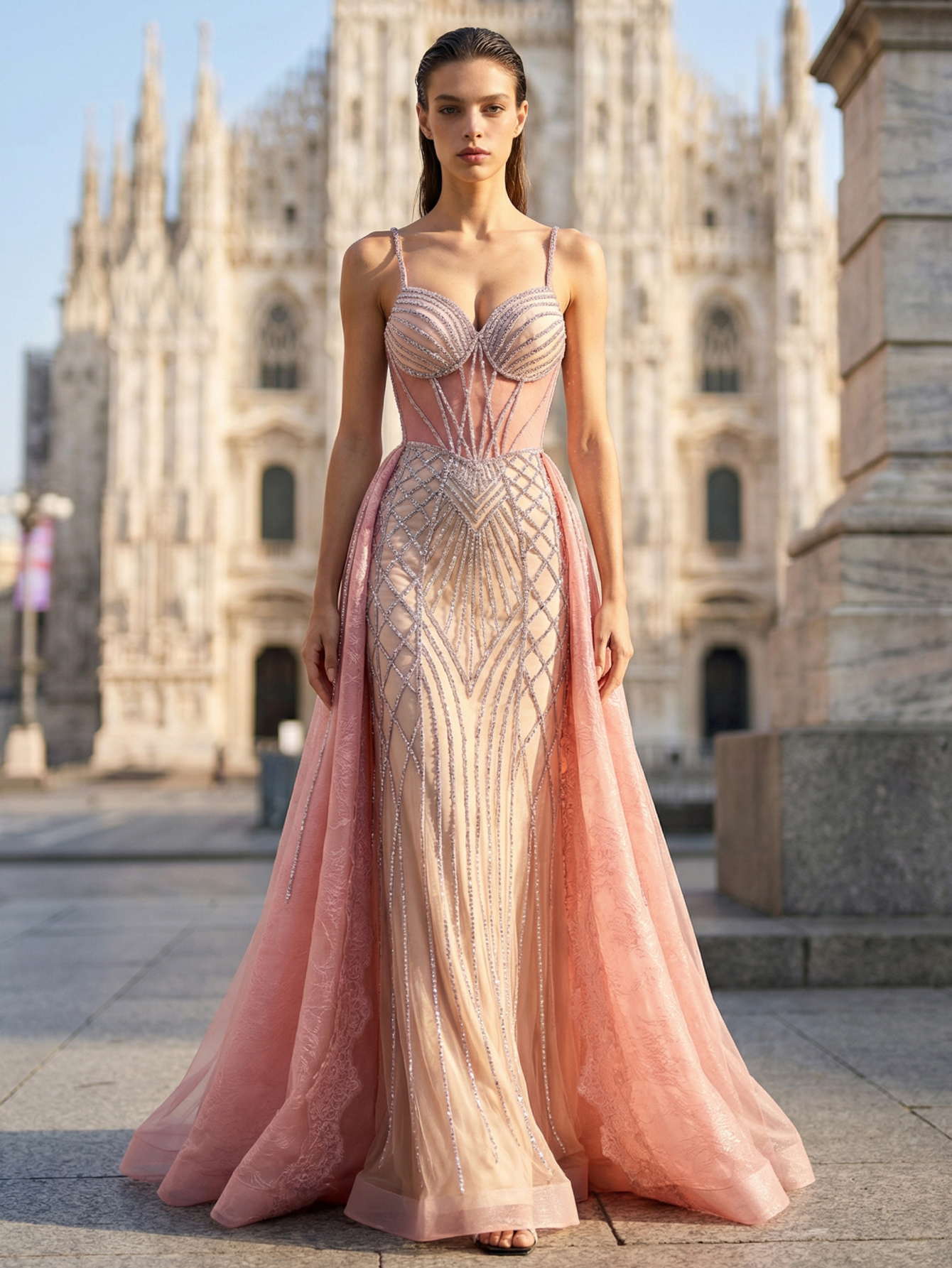 Stunning Champagne Beaded Mermaid Gown with Illusion Neckline