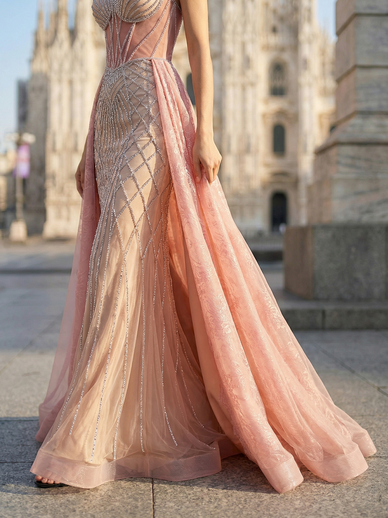 Stunning Champagne Beaded Mermaid Gown with Illusion Neckline