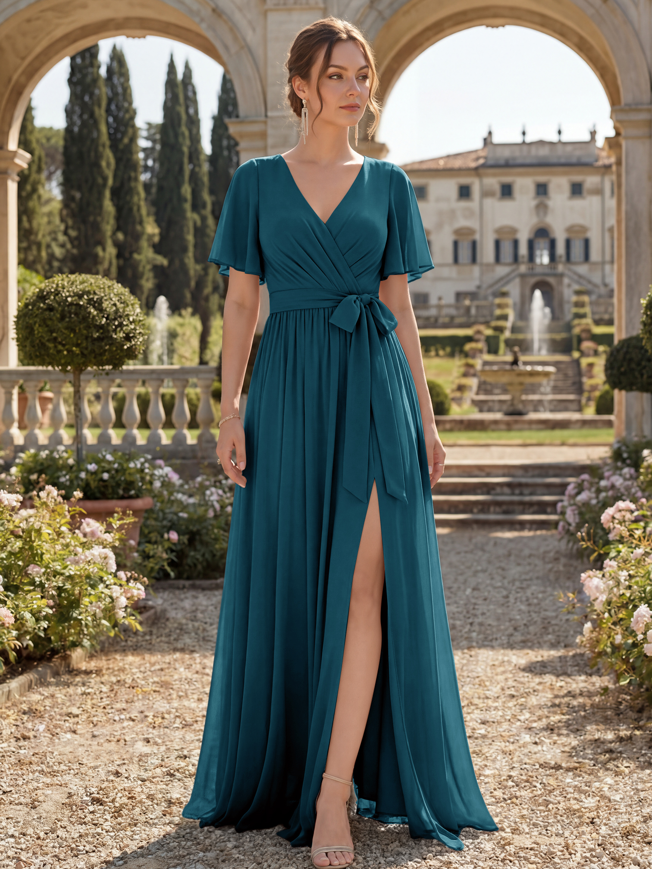 Chiffon Bridesmaid Dress V Neck Flutter Sleeve High Slit A-Line Gown