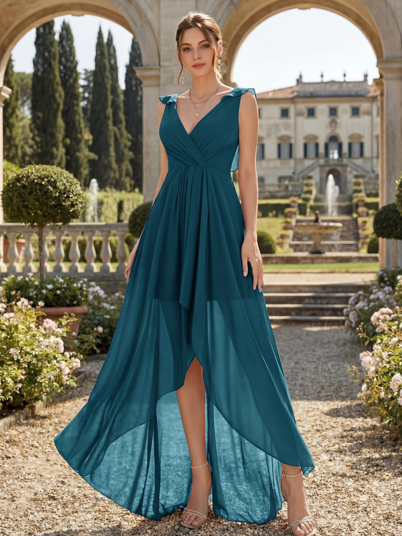 V-Neck High-Low Chiffon Bridesmaid Dress