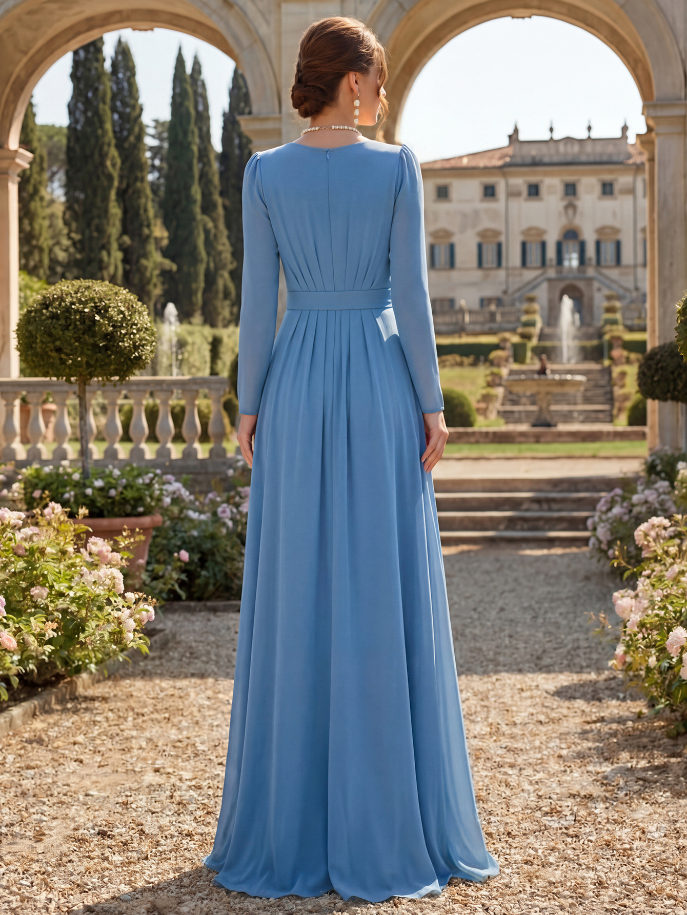 V-Neck Chiffon Bridesmaid Dress with Long Sleeves, Sash & High Slit