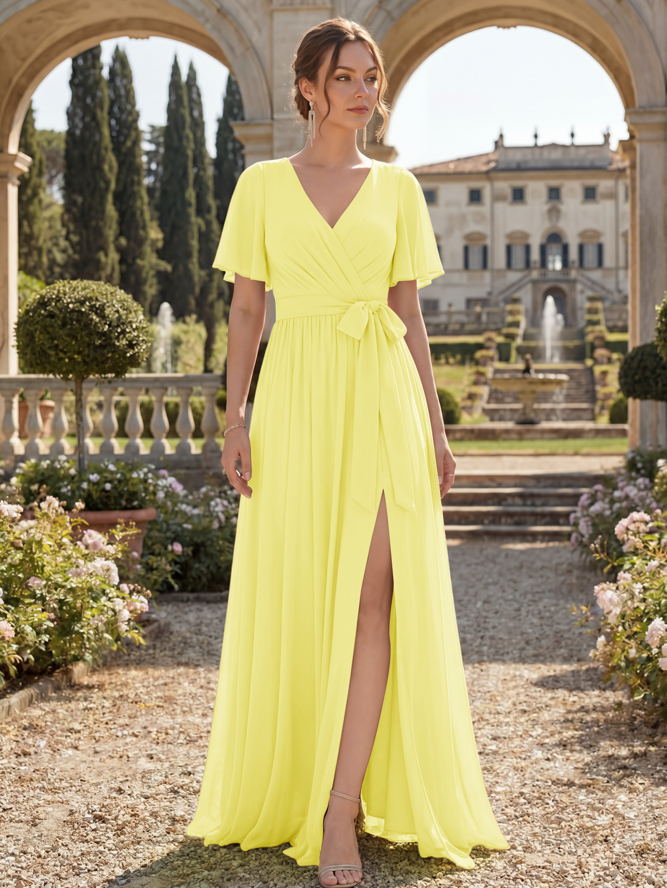 Chiffon Bridesmaid Dress V Neck Flutter Sleeve High Slit A-Line Gown