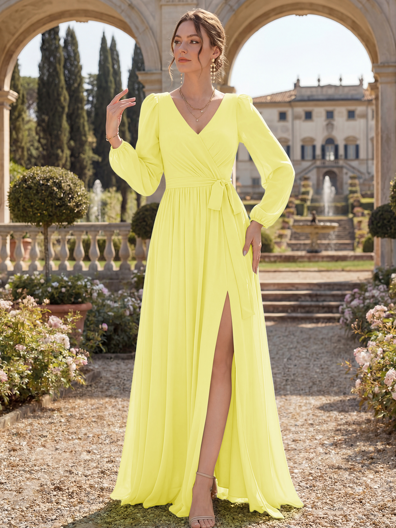 V-Neck Chiffon Bridesmaid Dress with Long Sleeves, Sash & High Slit
