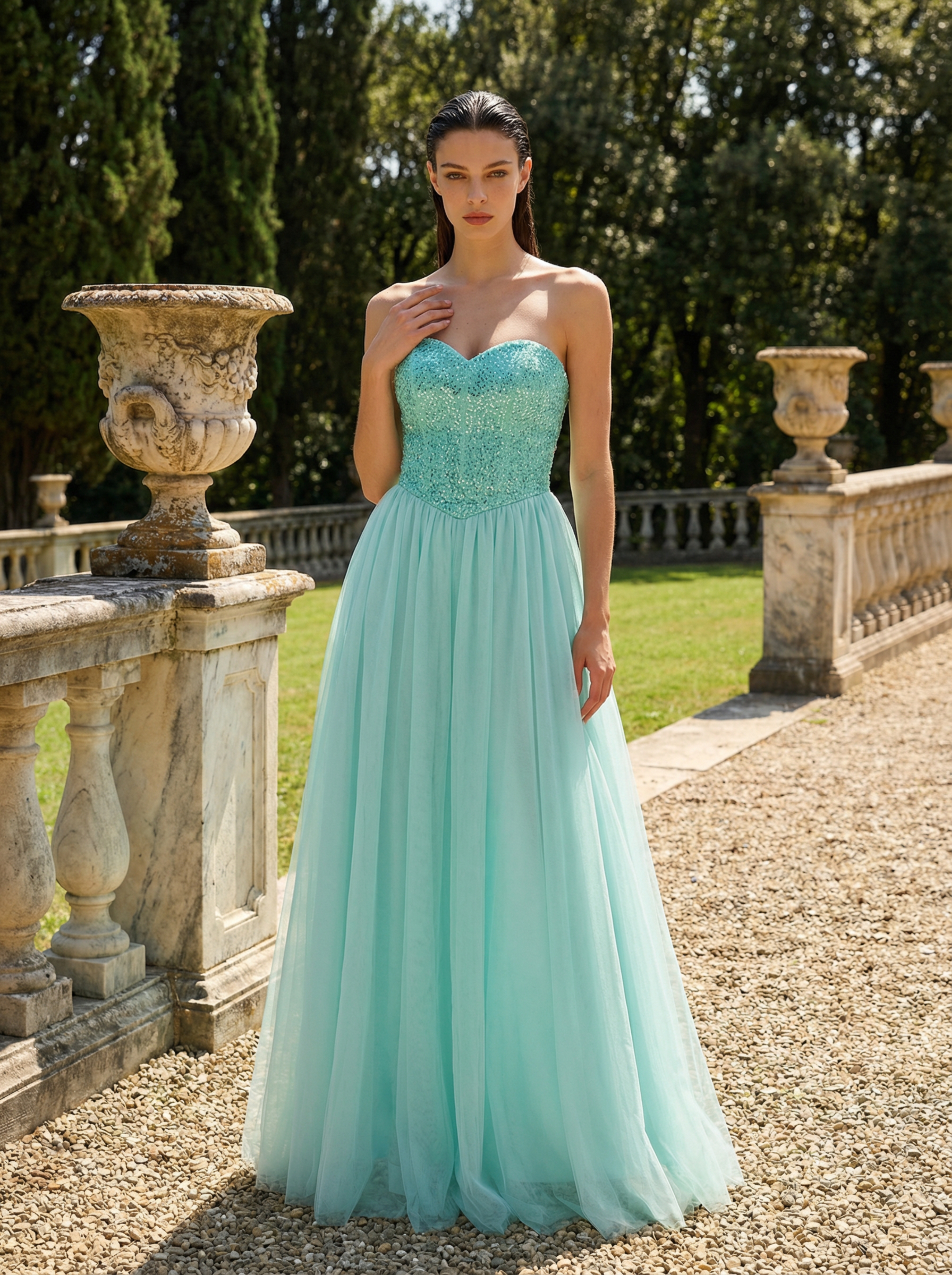 A-Line V-Neck Backless Blue Lace Prom Dress