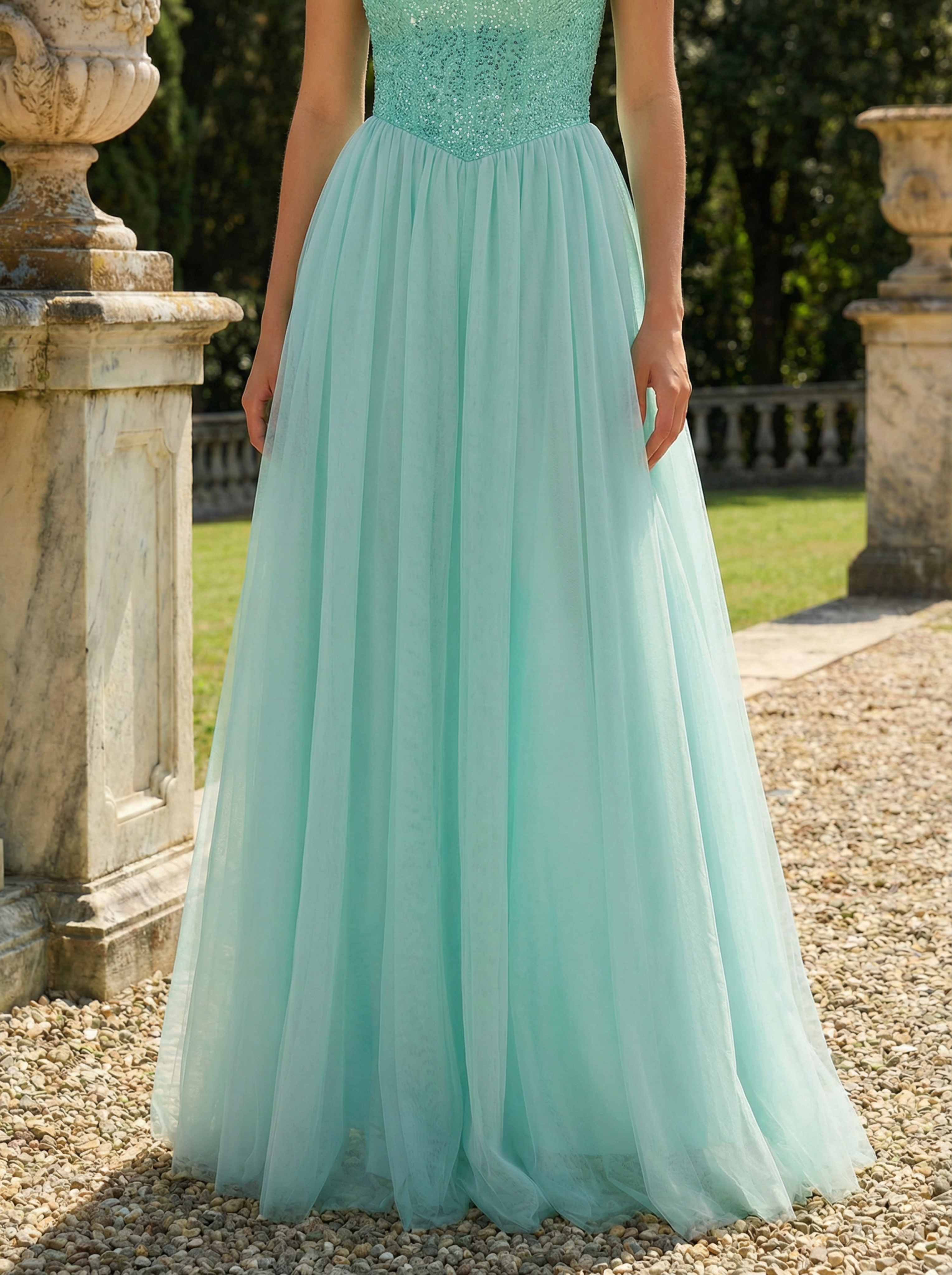A-Line V-Neck Backless Blue Lace Prom Dress