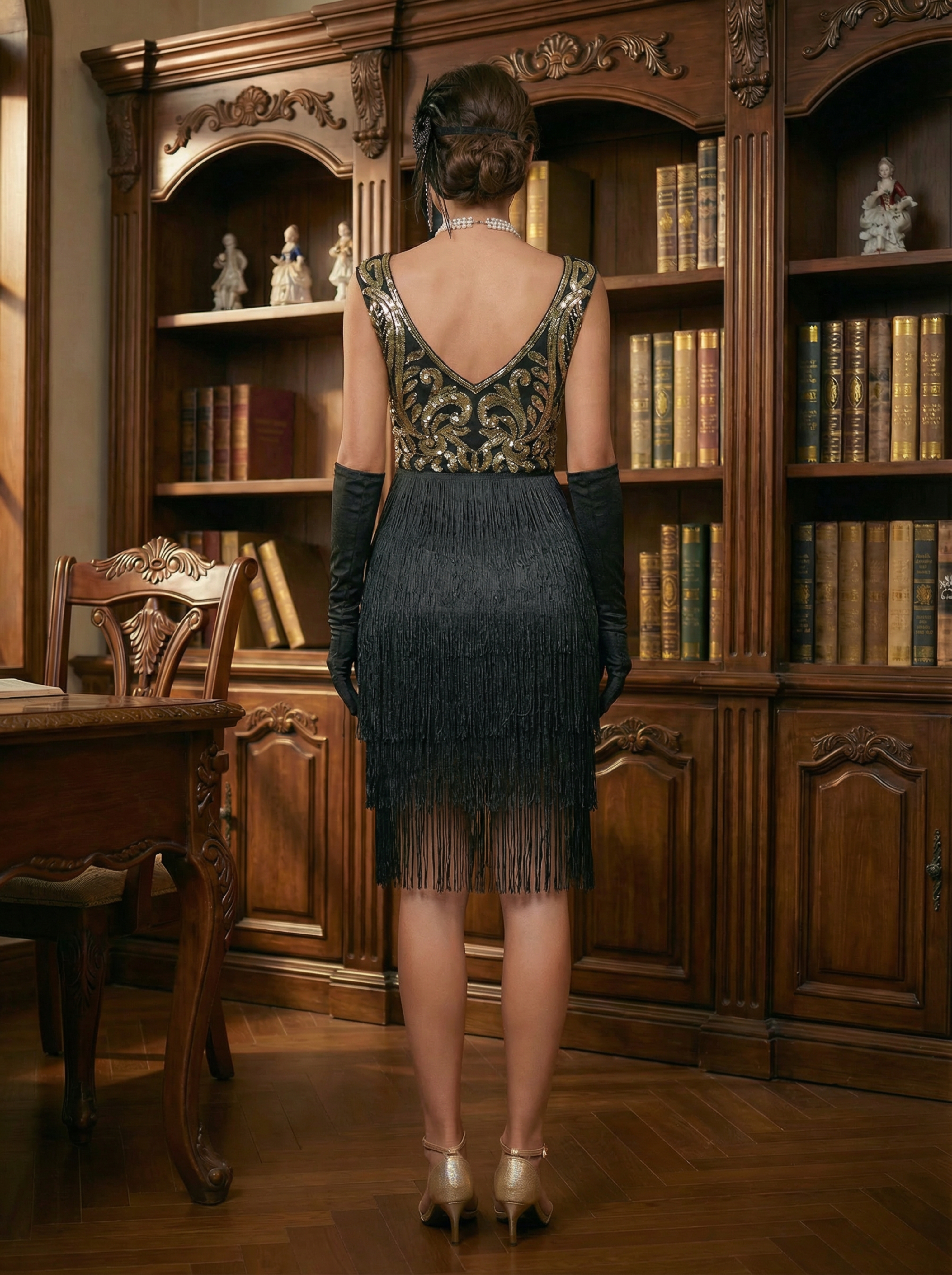 Black and Gold Vintage 1920s Sequin Flapper Dress