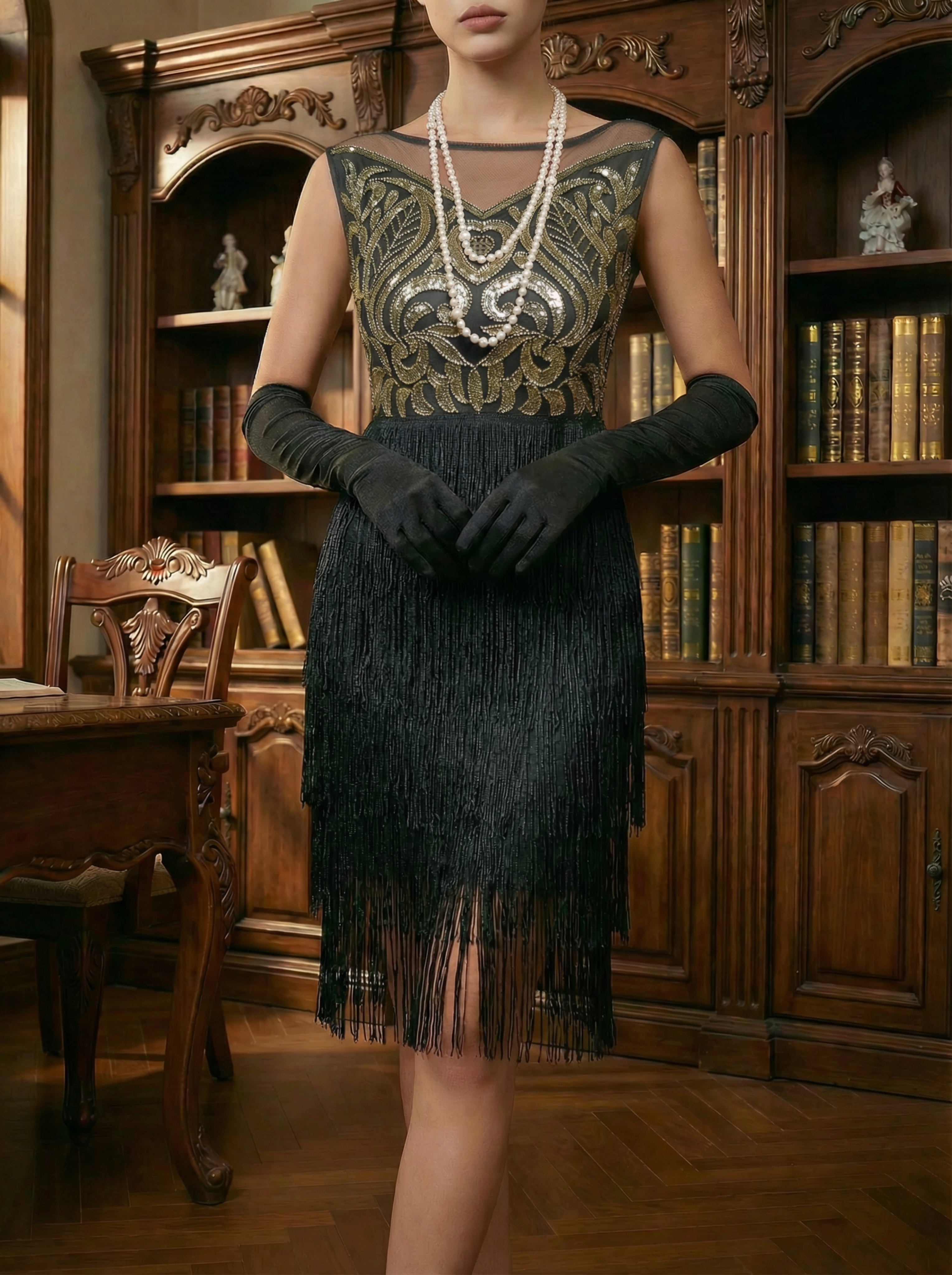 Black and Gold Vintage 1920s Sequin Flapper Dress