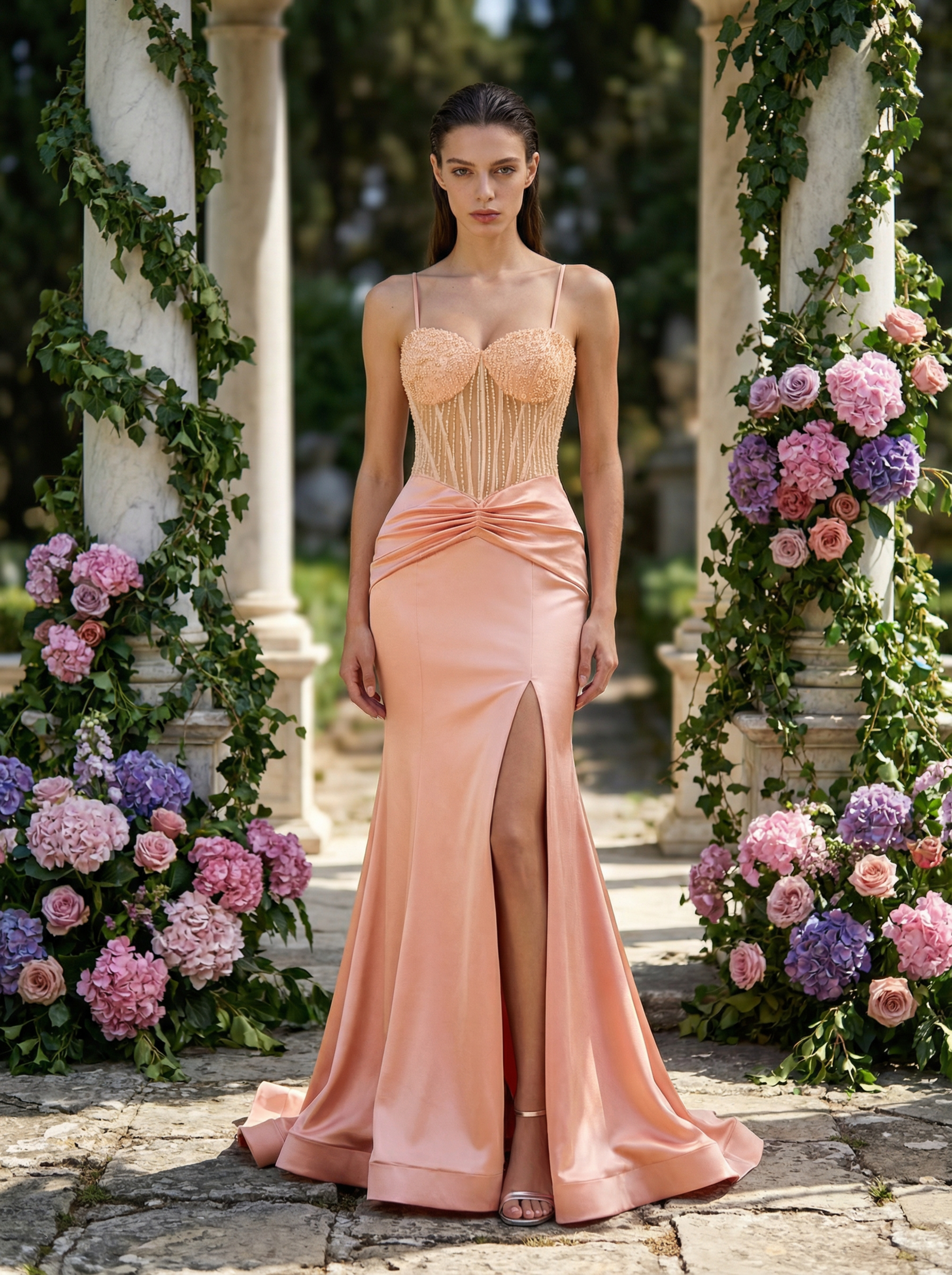 Modecrush Adorable Beaded Flower Detail Evening Gown with Delicate Straps