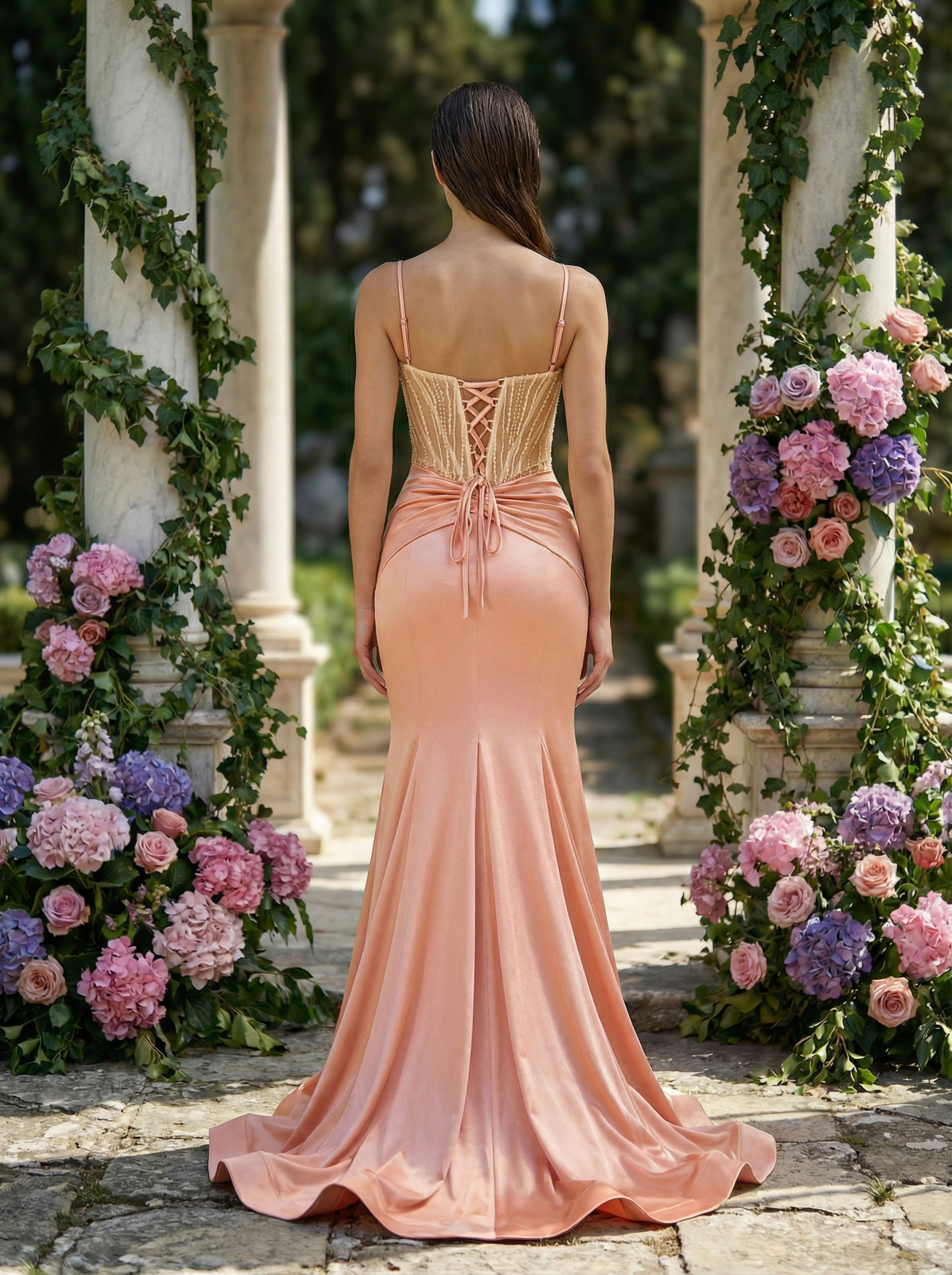 Modecrush Adorable Beaded Flower Detail Evening Gown with Delicate Straps