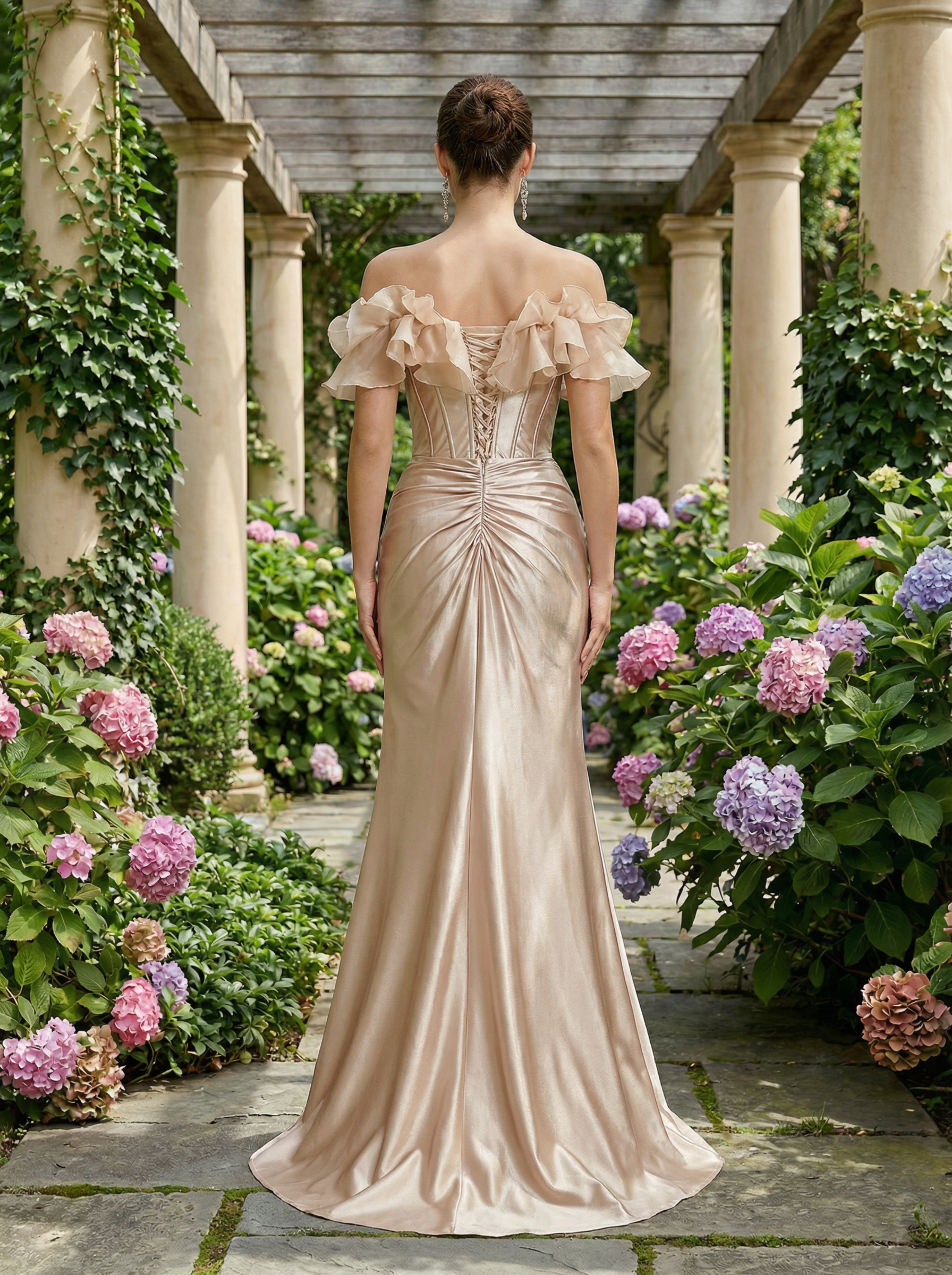 Beaded Corset Ruffled Sleeve High-Slit Train Prom Evening Dress