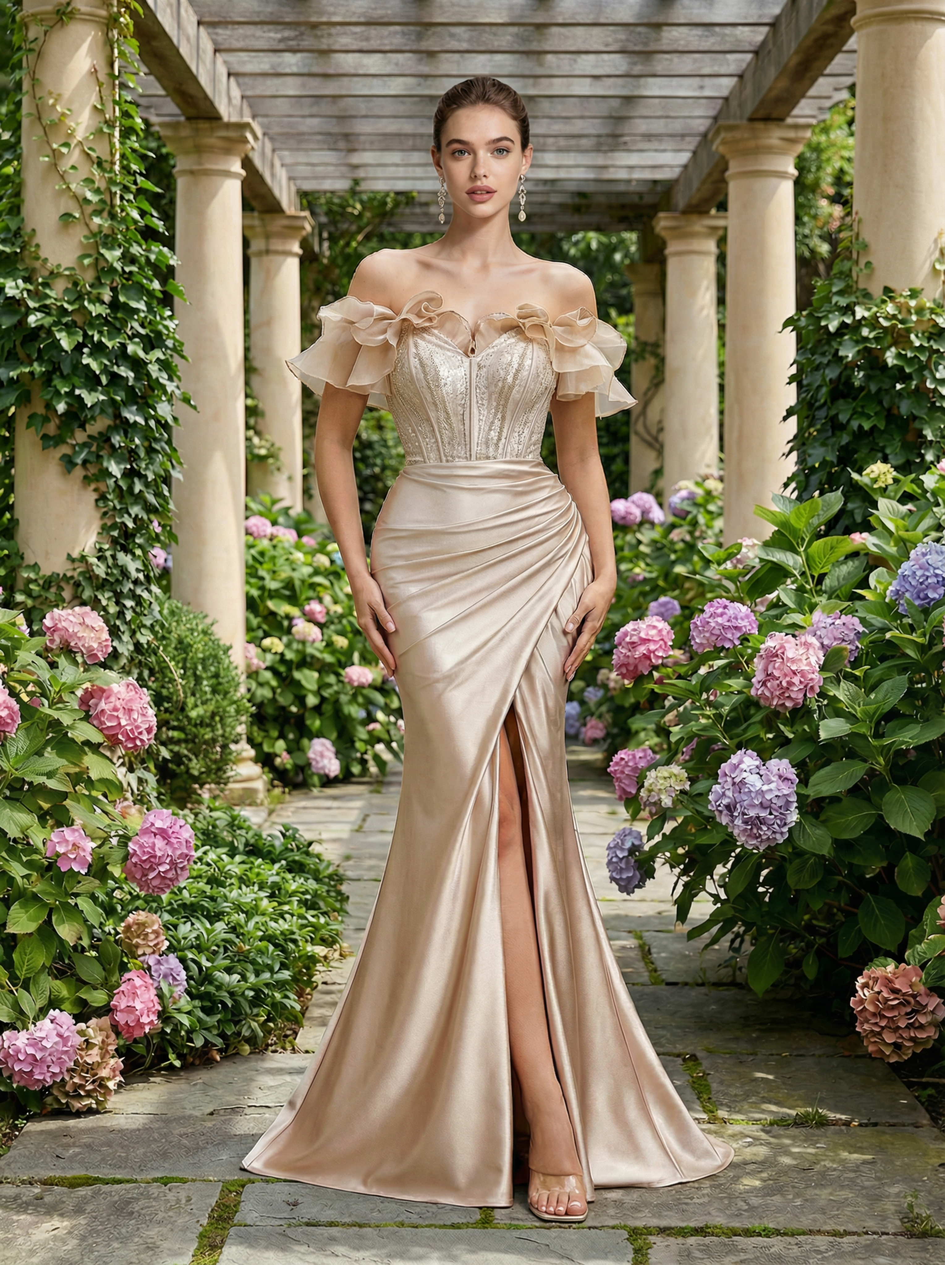 Beaded Corset Ruffled Sleeve High-Slit Train Prom Evening Dress