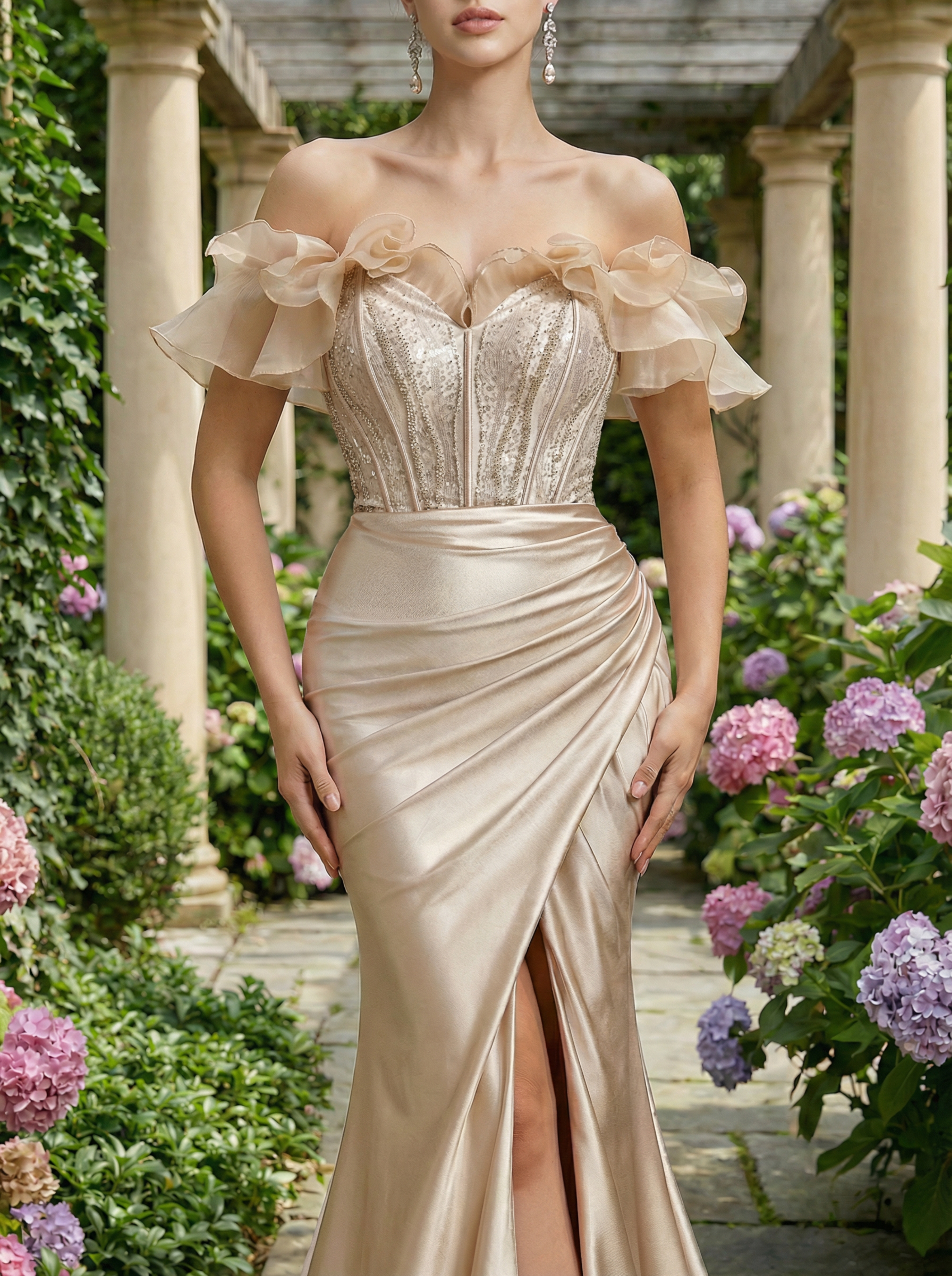 Beaded Corset Ruffled Sleeve High-Slit Train Prom Evening Dress