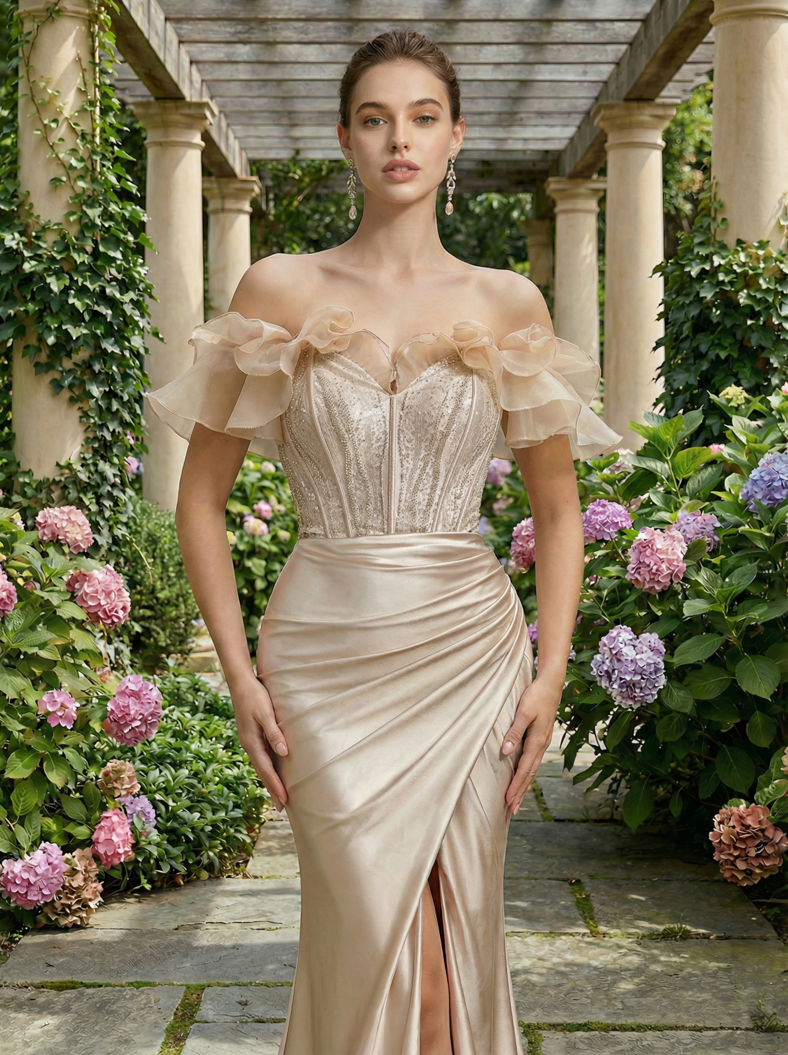 Beaded Corset Ruffled Sleeve High-Slit Train Prom Evening Dress