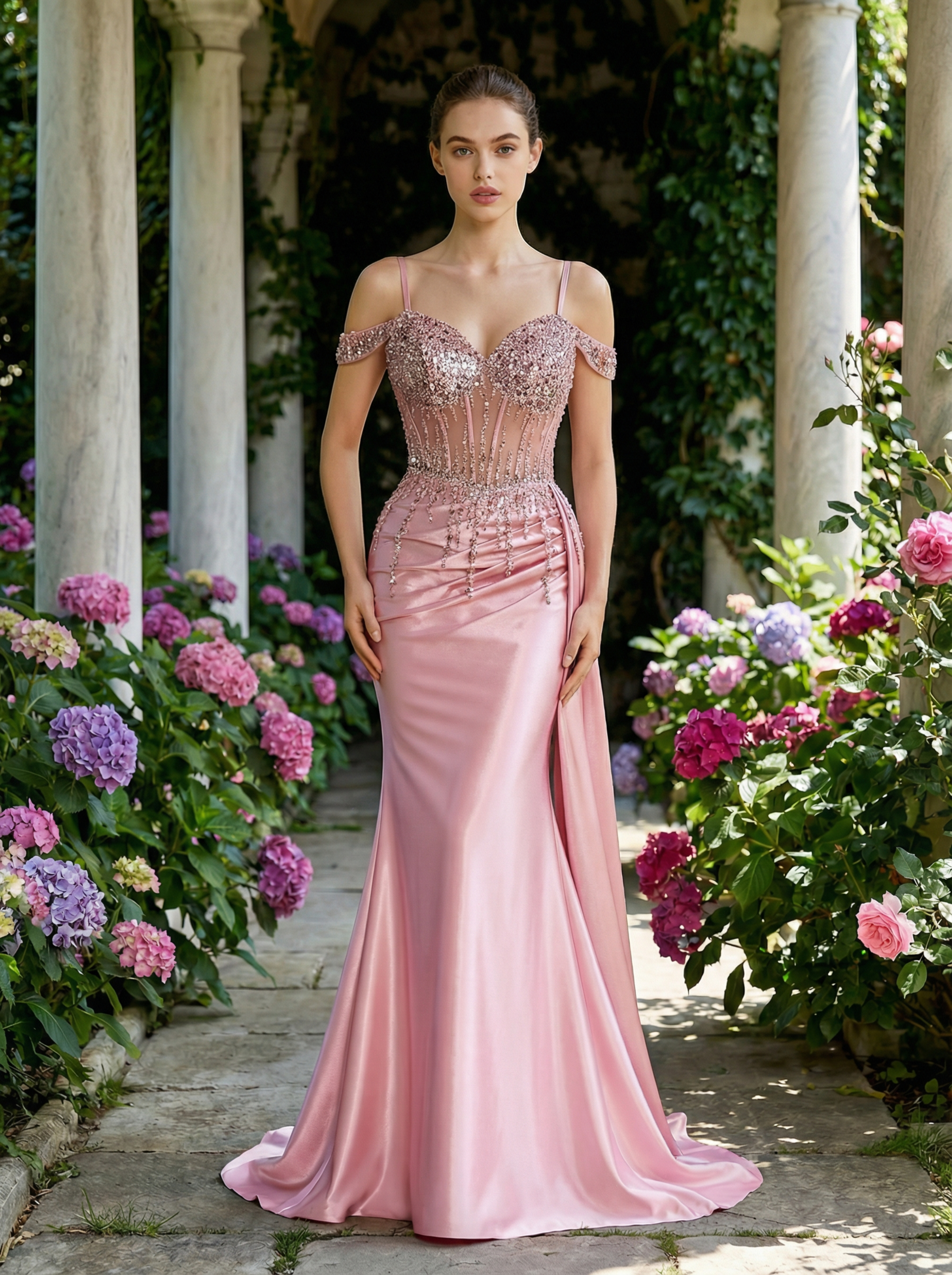 Beaded Mermaid Evening Gown with Delicate Spaghetti Straps