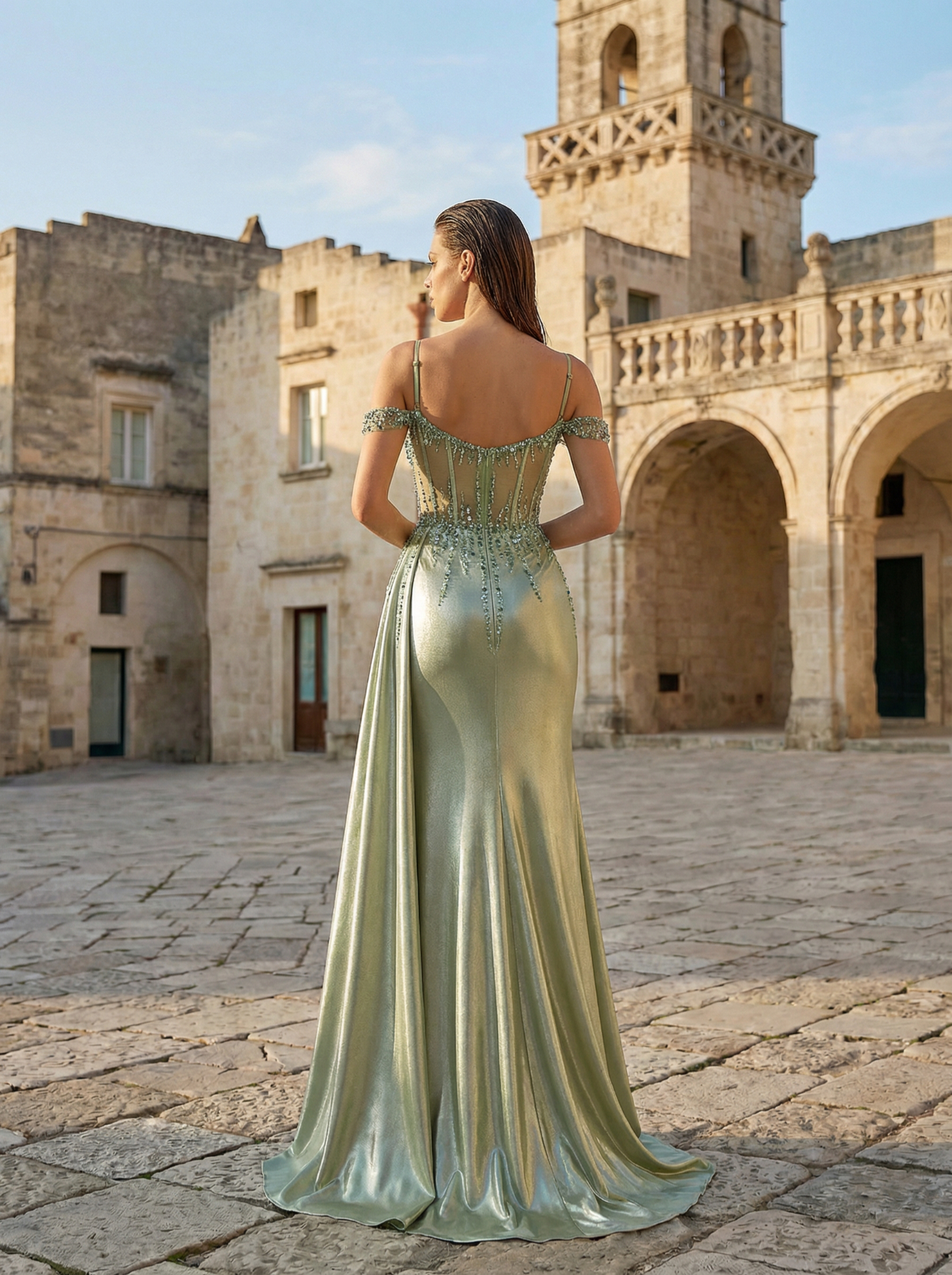 Beaded Mermaid Evening Gown with Delicate Spaghetti Straps in Lightgreen - Elegant Formal Dress
