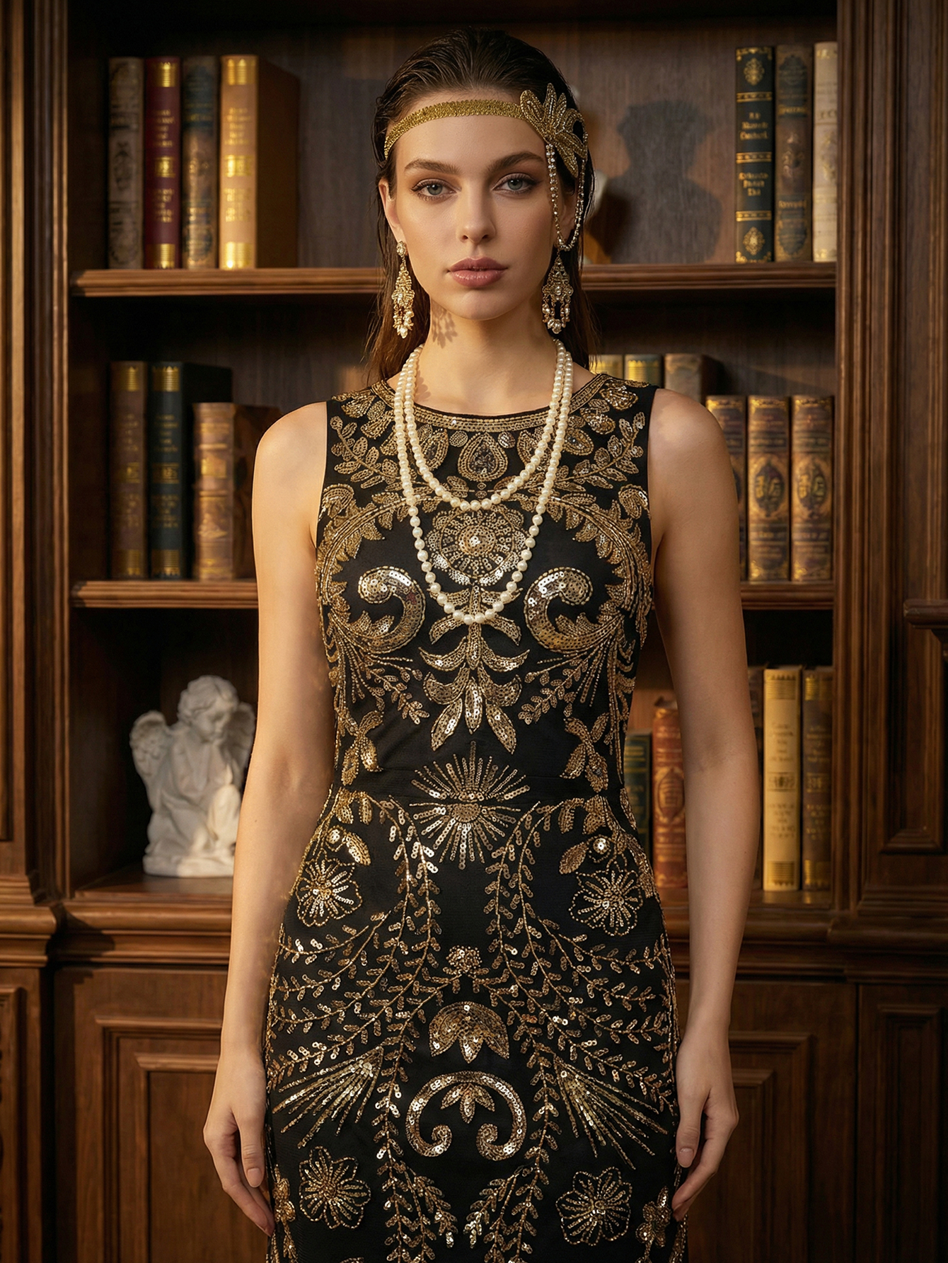 Sheath Round Neck Black Golden Beaded Gatsby 1920s Dress