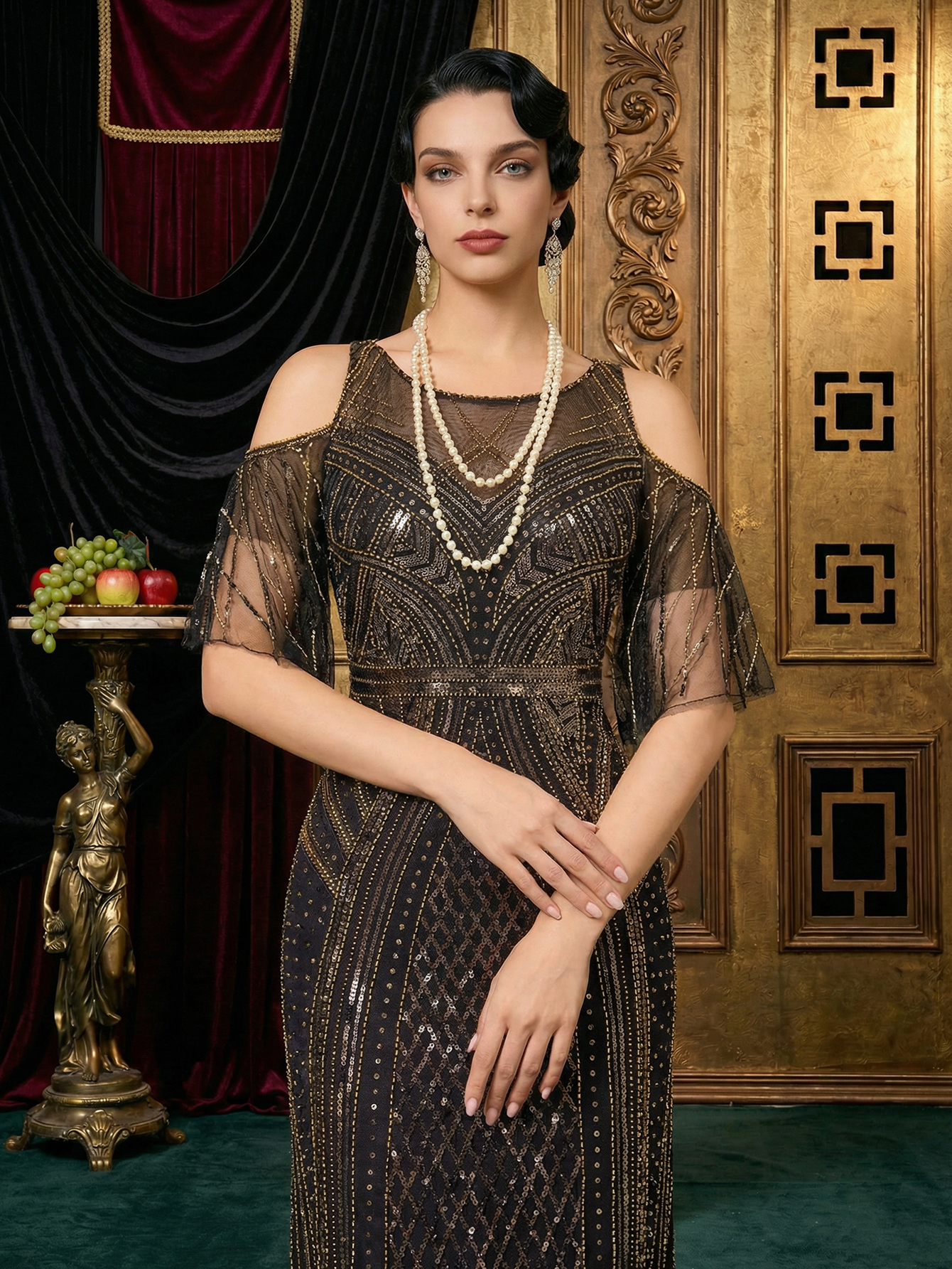 Black Golden Cold Shoulder Fringes 1920s Gatsby Prom Dress