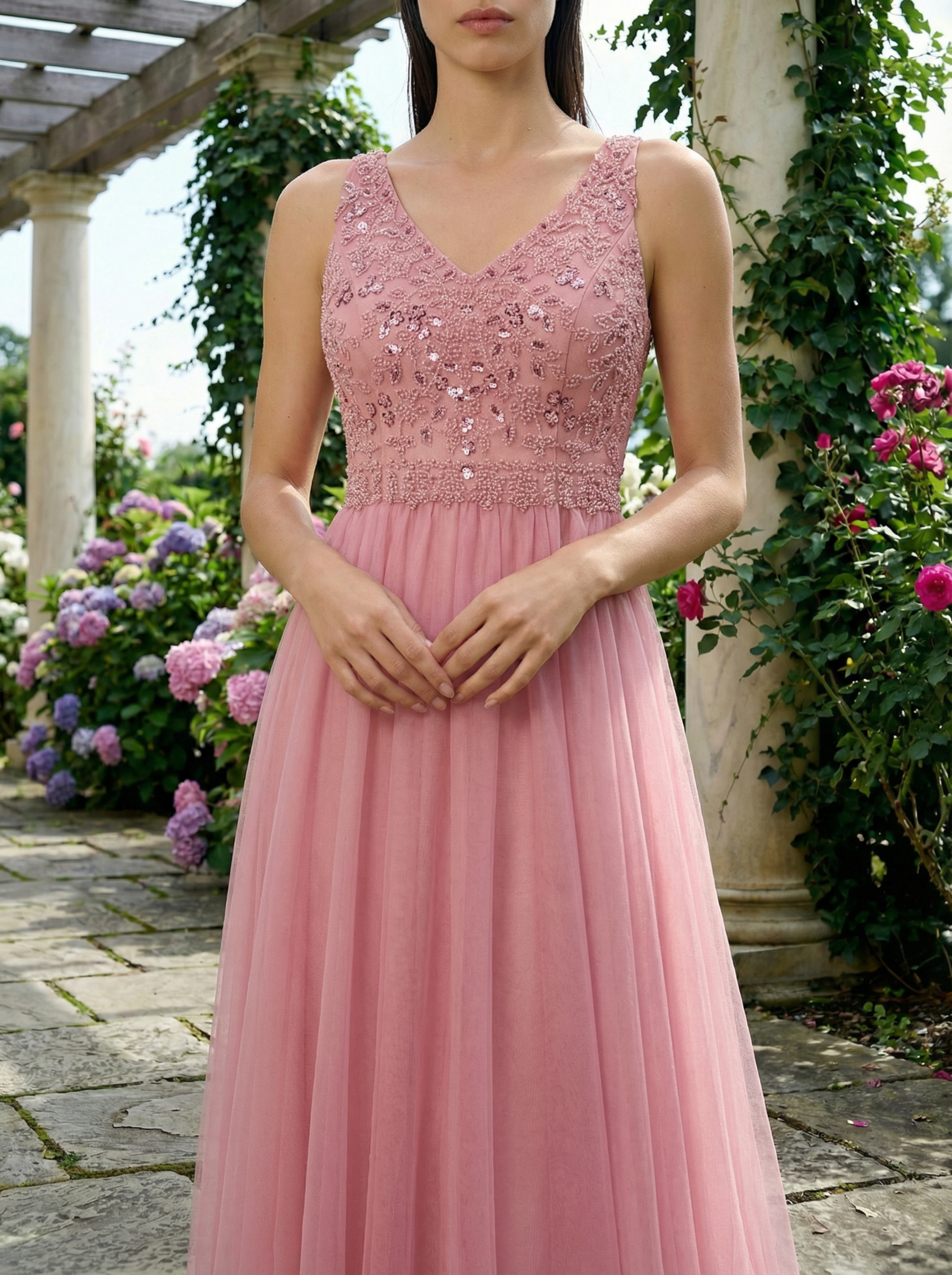 Blush Pink Beaded Tulle Gown with Full Skirt