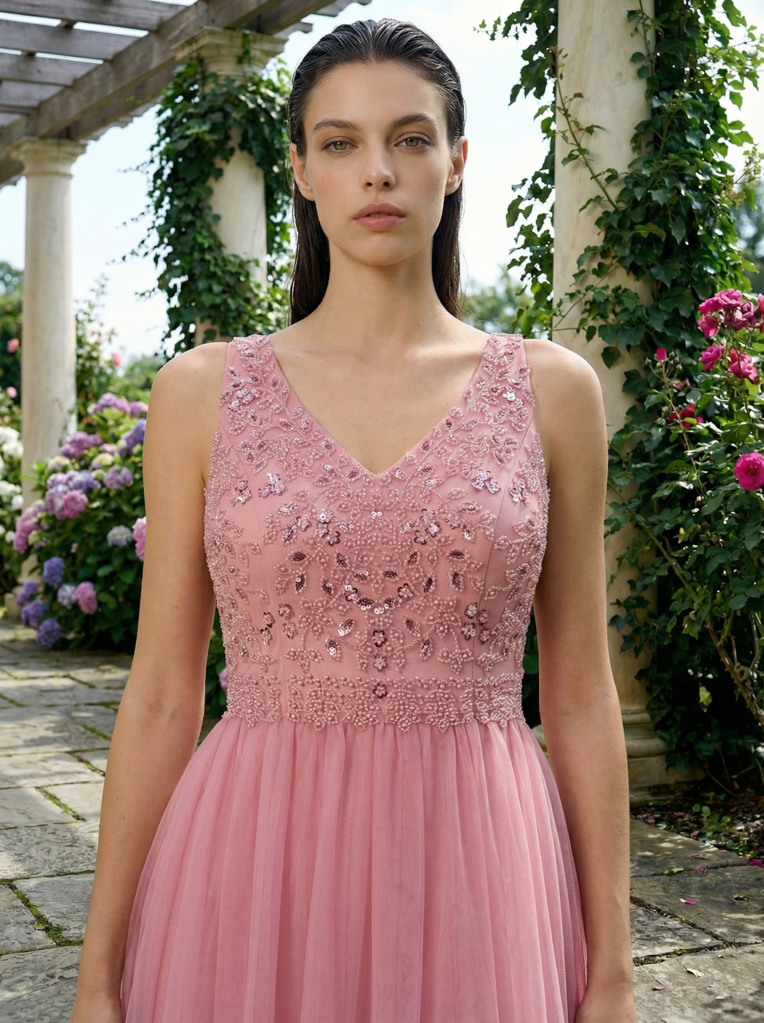 Blush Pink Beaded Tulle Gown with Full Skirt