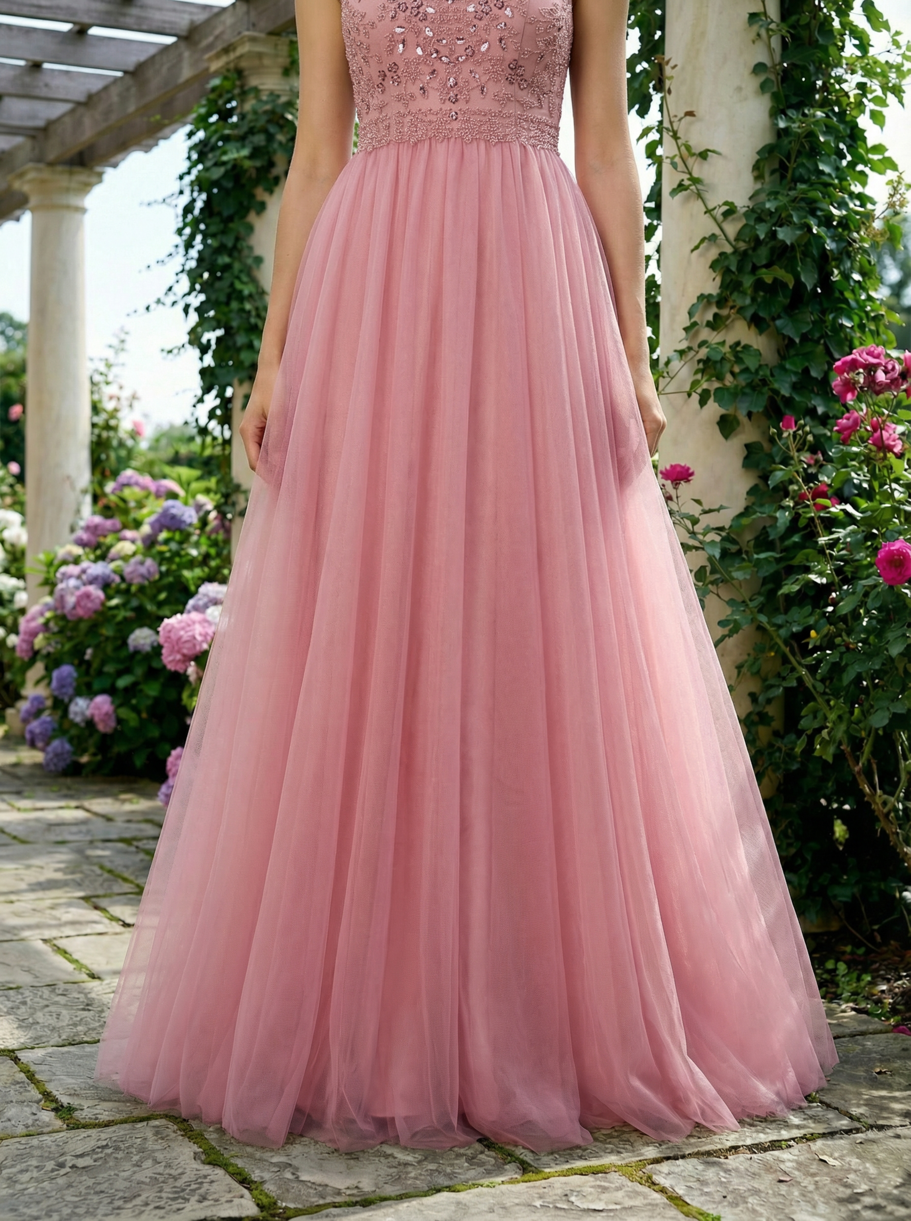 Blush Pink Beaded Tulle Gown with Full Skirt