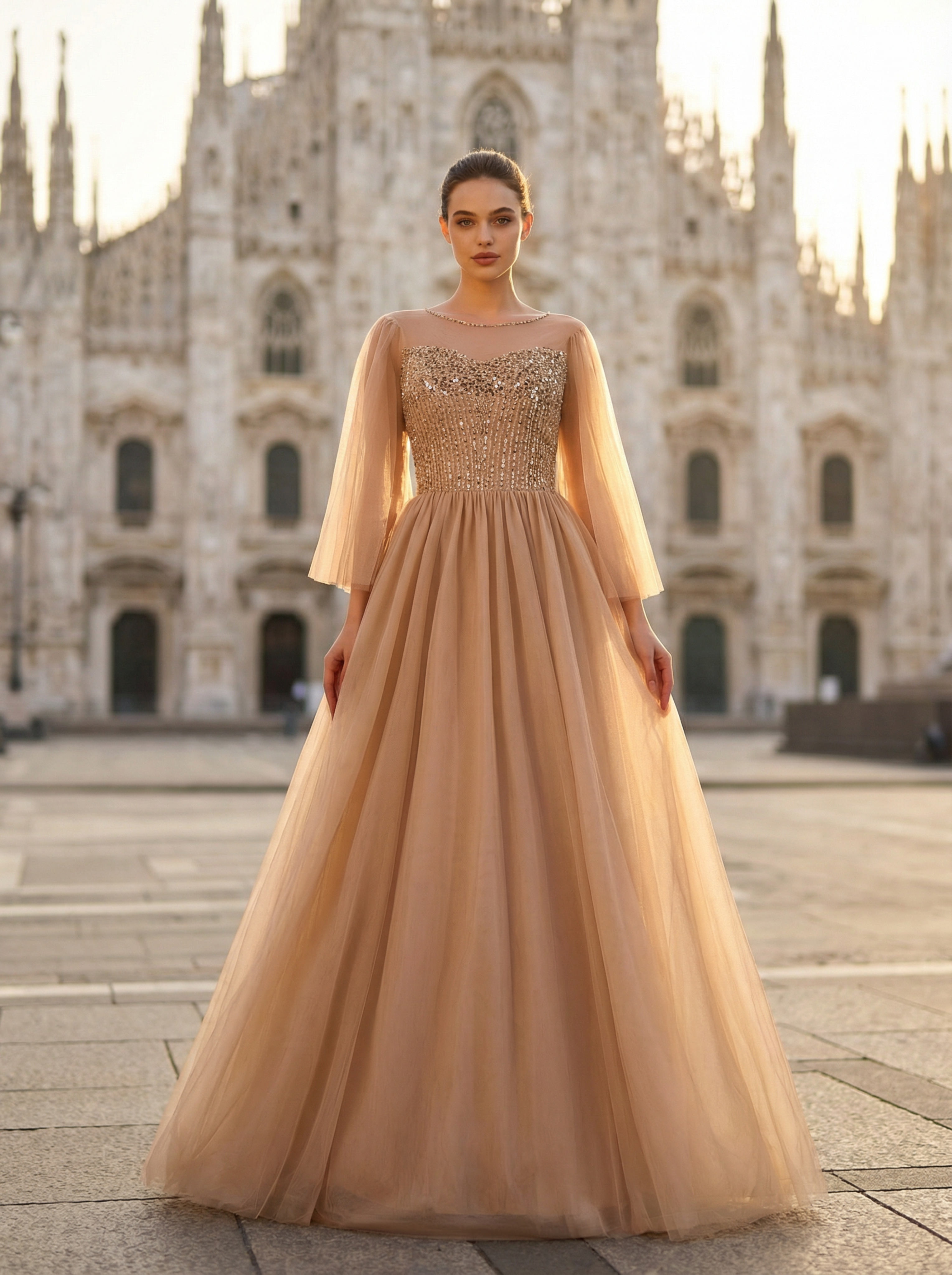 Brown Evening Dress with a Full Tulle Skirt and Delicate Beaded Embroidery