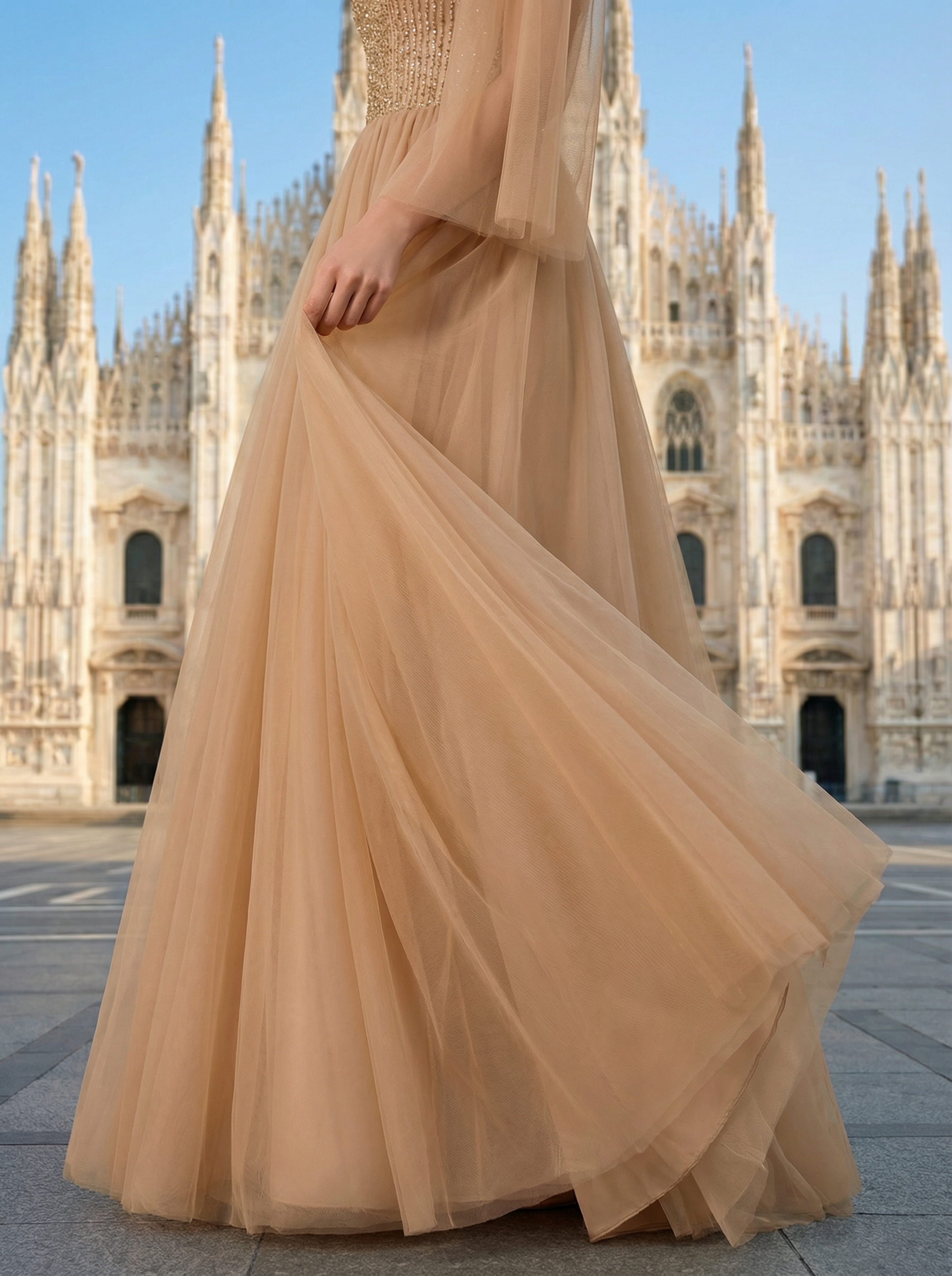 Brown Evening Dress with a Full Tulle Skirt and Delicate Beaded Embroidery