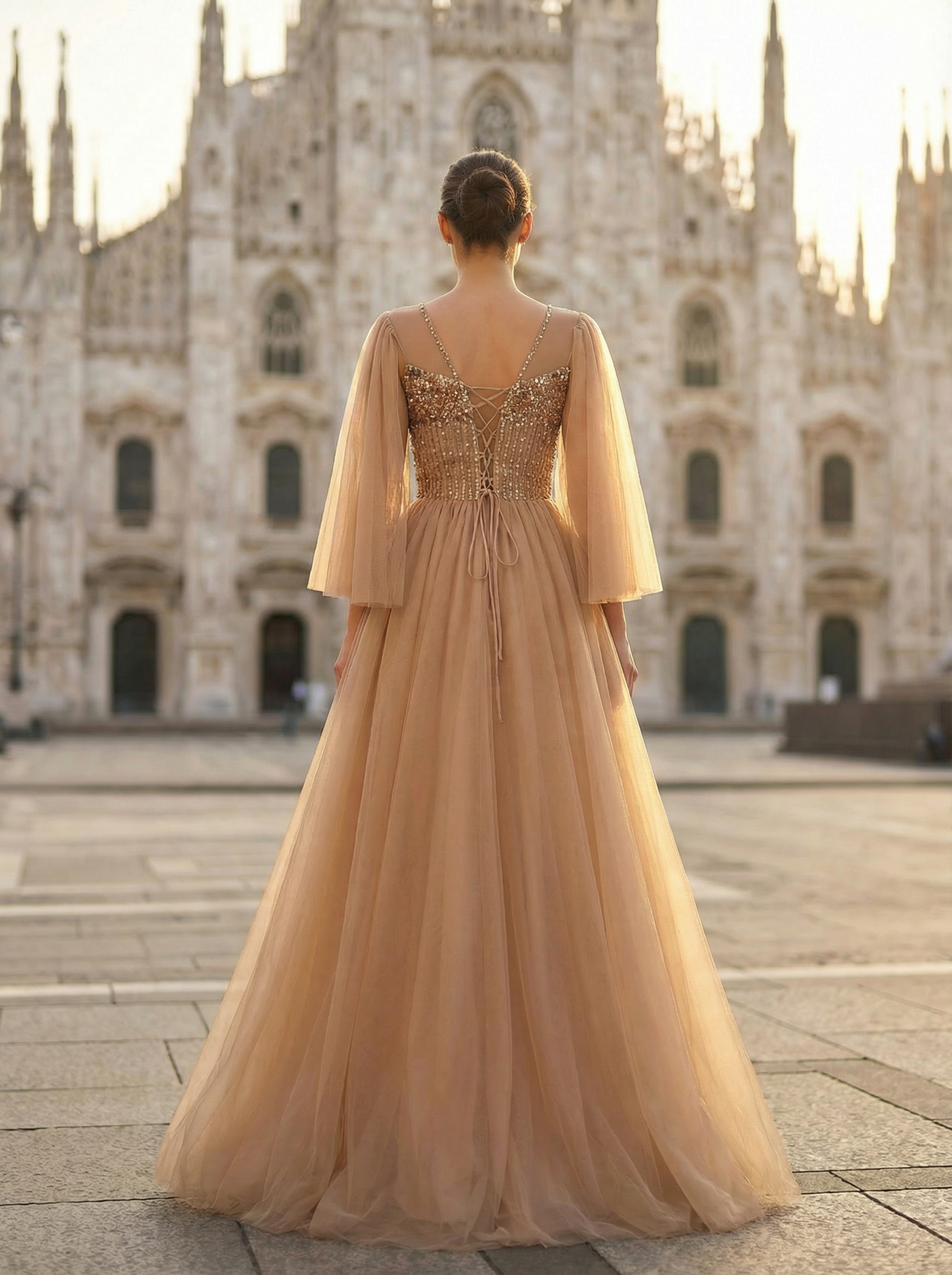 Brown Evening Dress with a Full Tulle Skirt and Delicate Beaded Embroidery