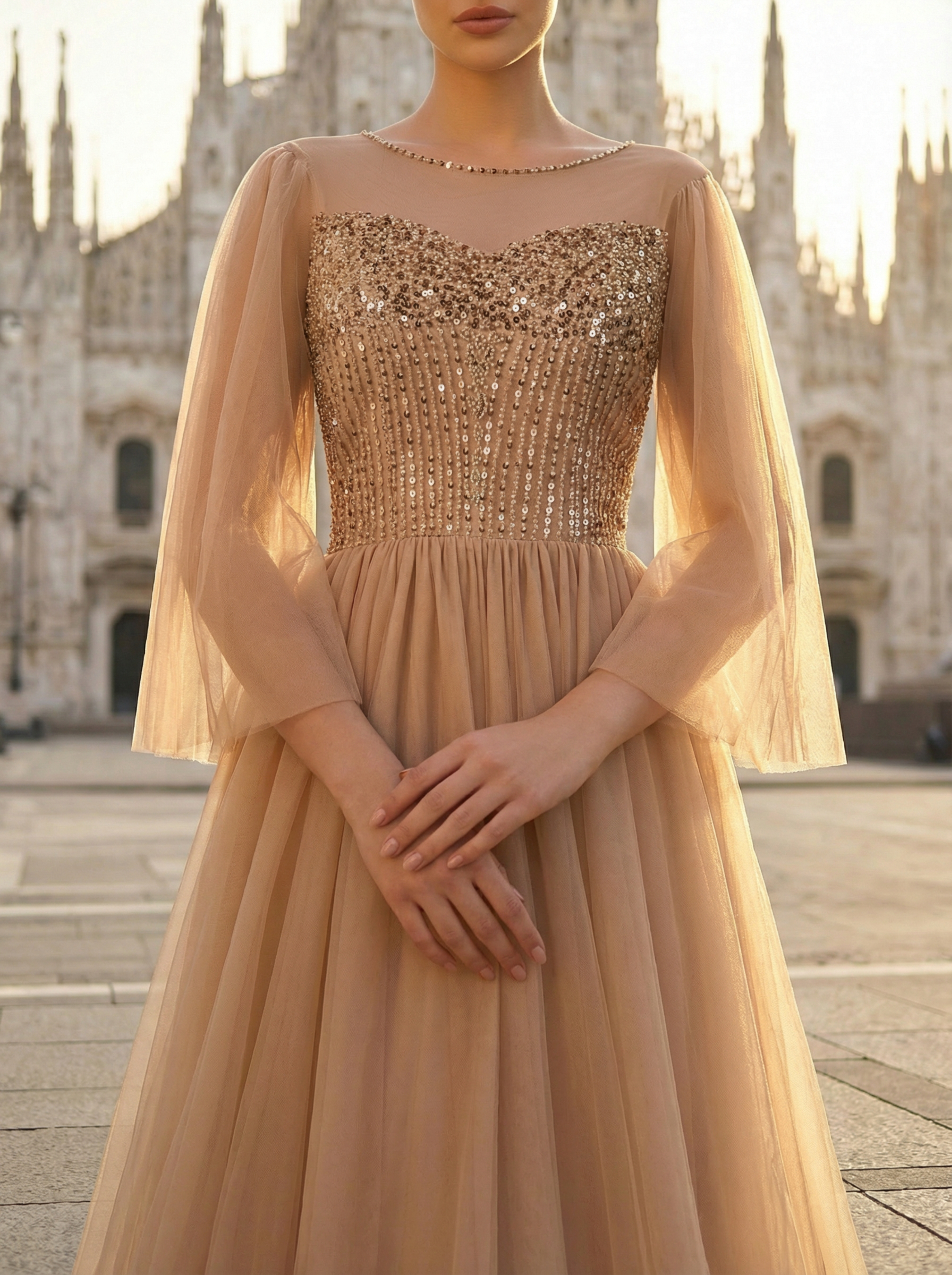 Brown Evening Dress with a Full Tulle Skirt and Delicate Beaded Embroidery